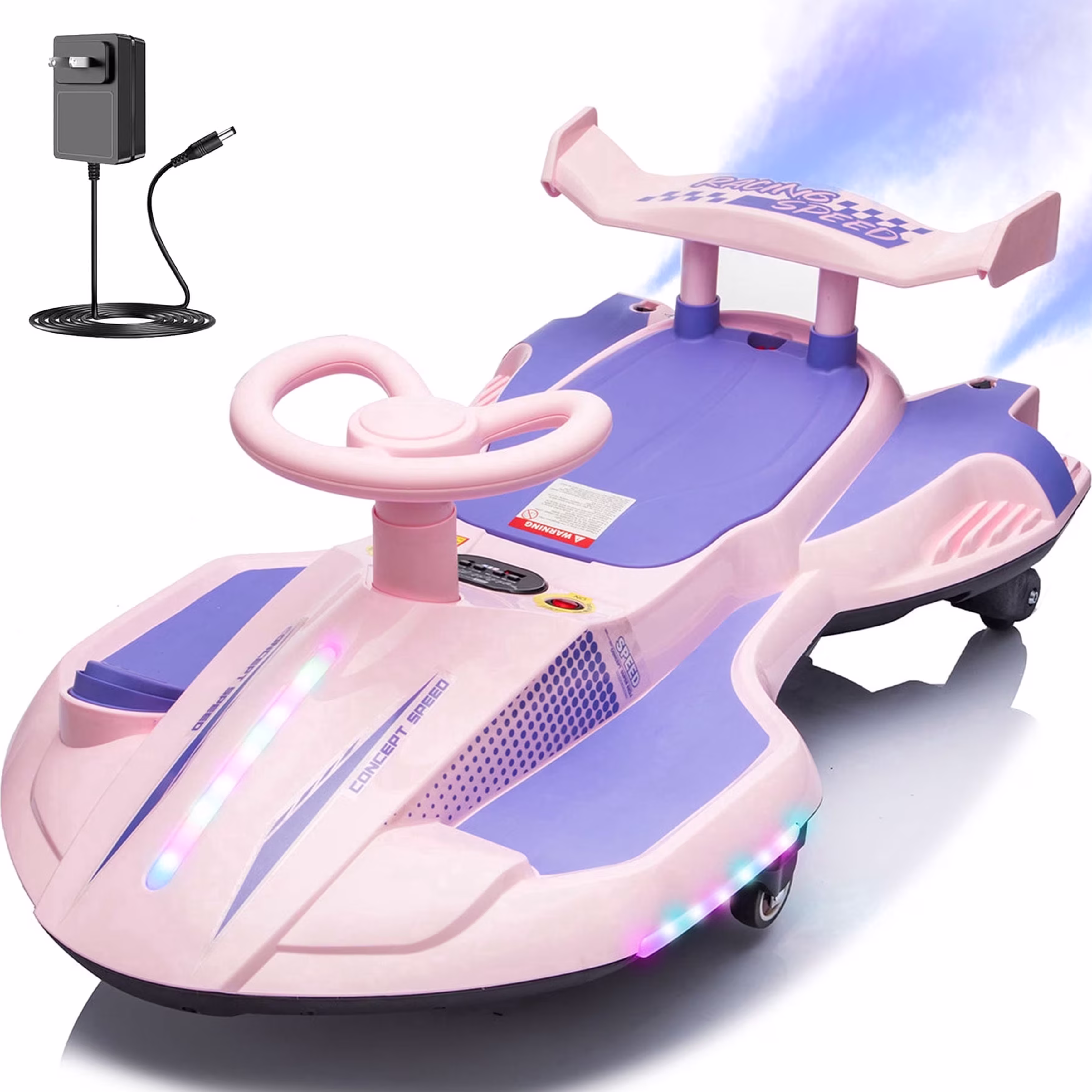 12V Kids Ride On Electric Wiggle Car, 360° Drift Ride On Toy with Rear Mist Spray, LED Lights, Flashing Wheels, Bluetooth Music, USB, MP3, Power Display, Anti-Tip Chassis, 3.73-4.35 MPH, Ages 3+