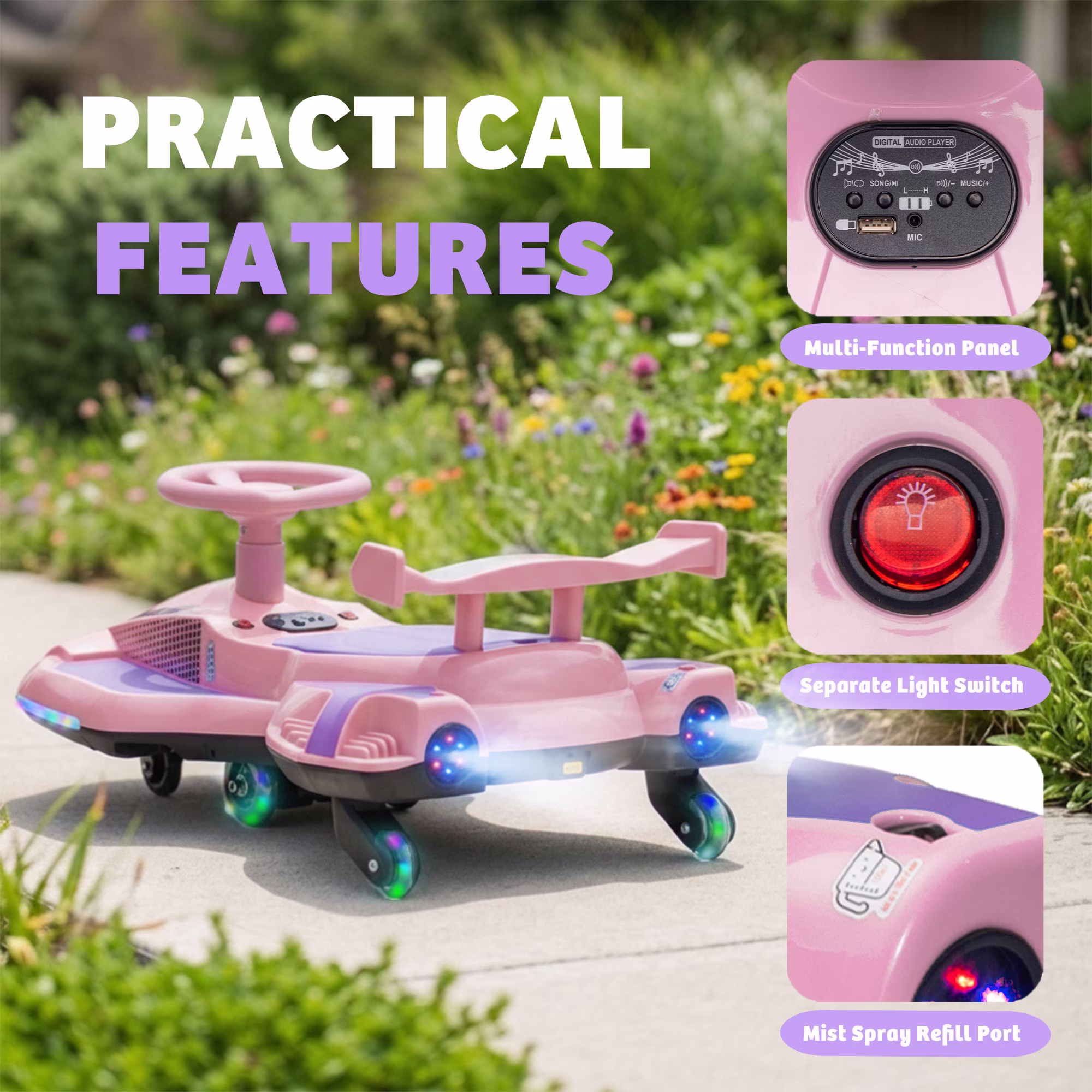 12V Kids Ride On Electric Wiggle Car, 360° Drift Ride On Toy with Rear Mist Spray, LED Lights, Flashing Wheels, Bluetooth Music, USB, MP3, Power Display, Anti-Tip Chassis, 3.73-4.35 MPH, Ages 3+ - Image 3