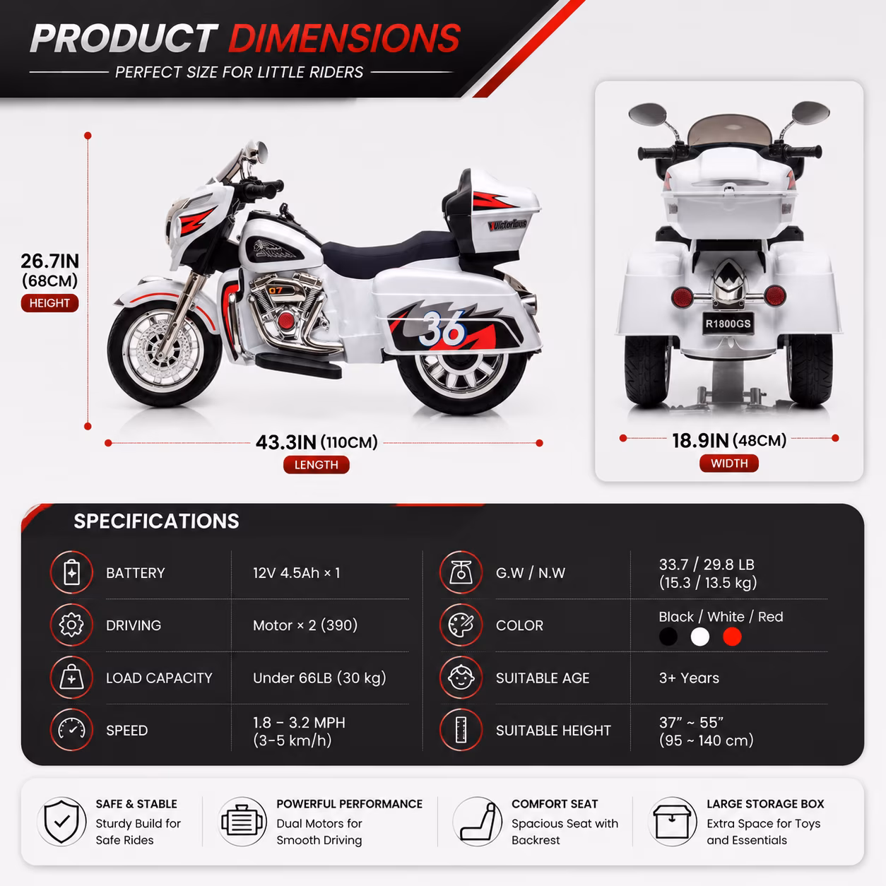 12V Kids Ride On Motorcycle, Electric Toddler Toy with LED Lights, Music, Storage Trunk, White - Image 2
