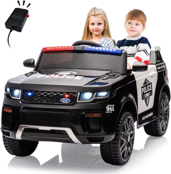 12V Kids Ride-On Police Car – Electric Toy Truck with Remote Control, Sirens, Flashing LED Lights, Music Player, Spring Suspension & Retractable Handle for Toddlers 3+, Black