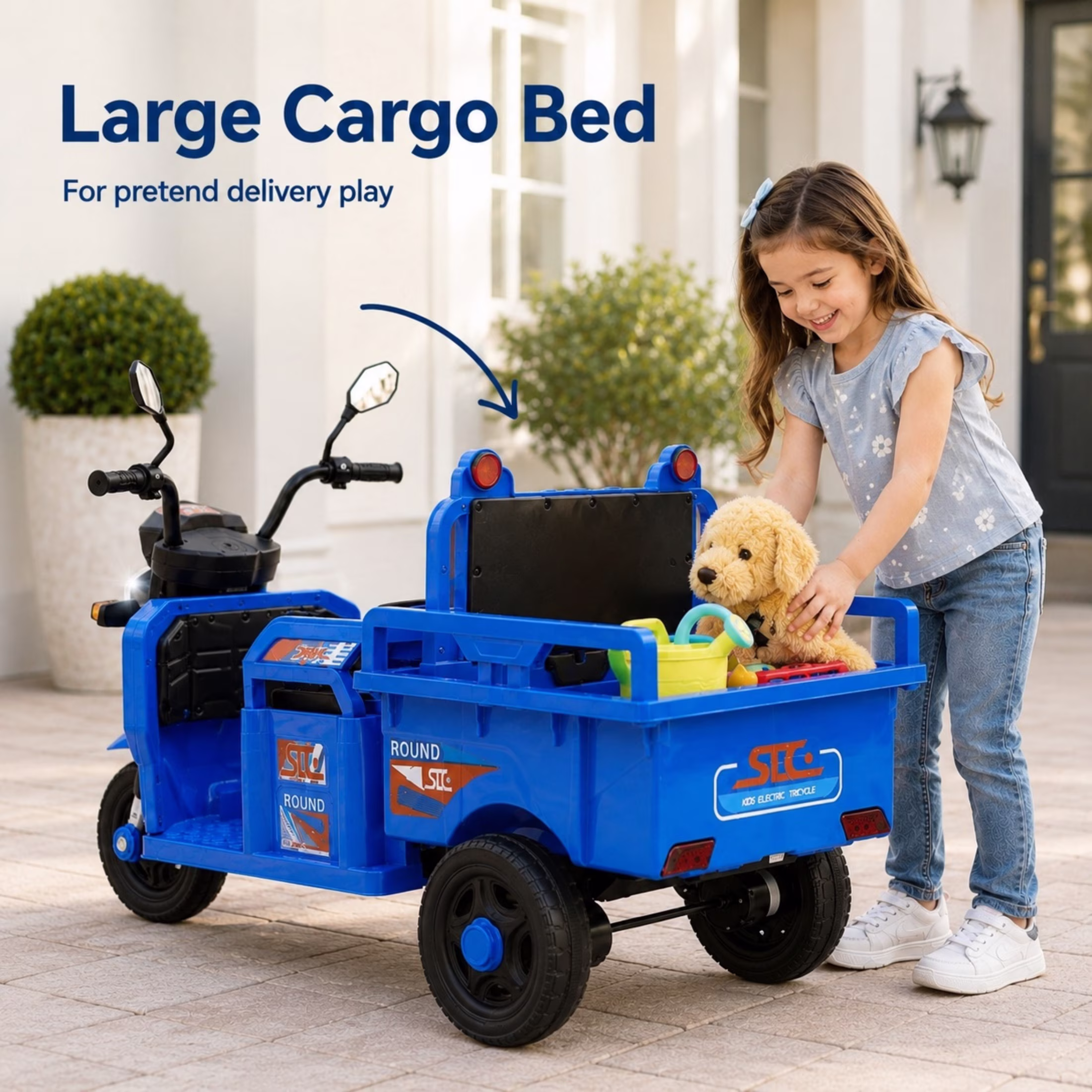 12V Kids Ride on Toy, SHINPT Powered Ride on Car with Large Storage Bed, 3-Wheel Cargo Truck with LED Lights & Music, Wide Seat, Toddler Ride on Toys for Ages 3-6, Blue - Image 2