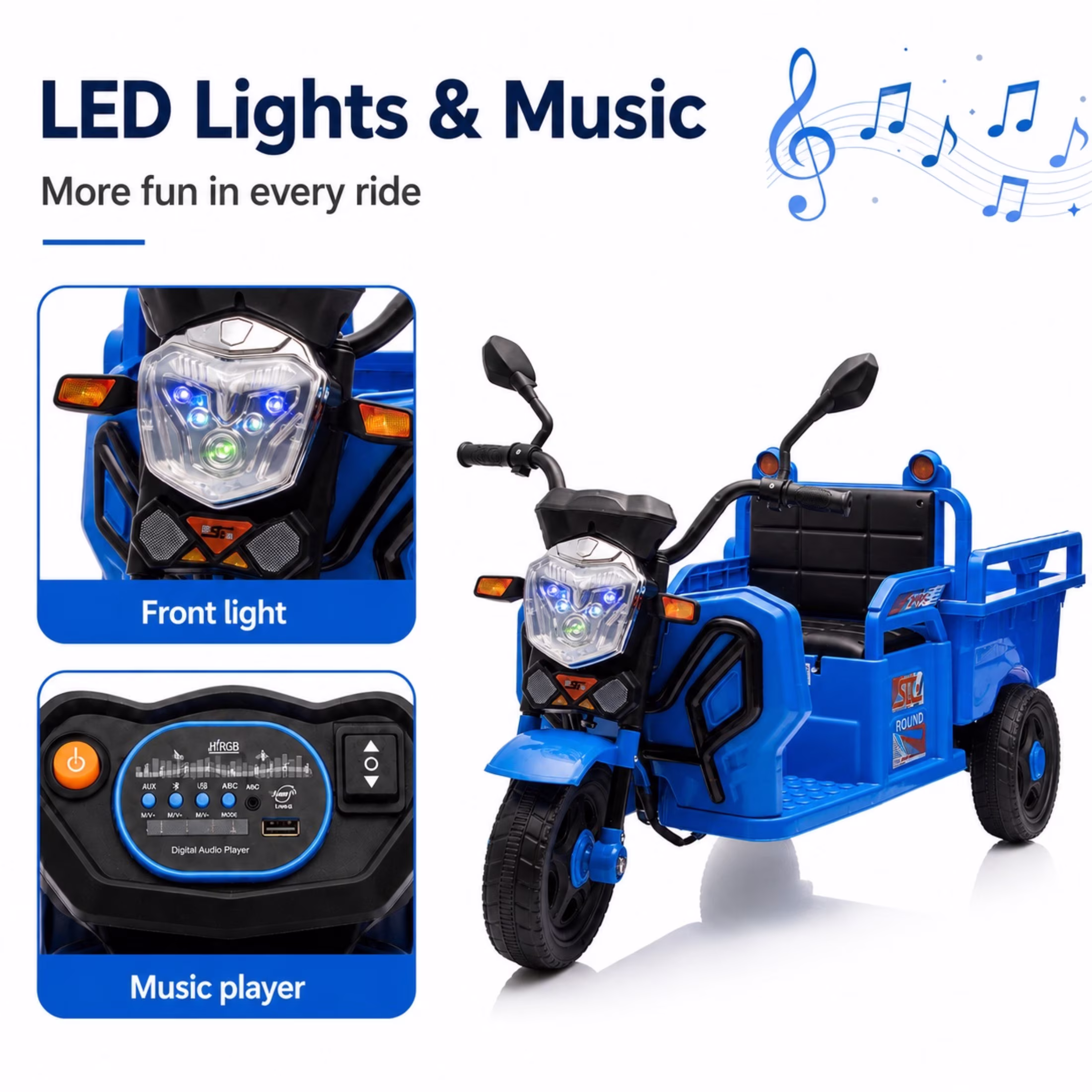 12V Kids Ride on Toy, SHINPT Powered Ride on Car with Large Storage Bed, 3-Wheel Cargo Truck with LED Lights & Music, Wide Seat, Toddler Ride on Toys for Ages 3-6, Blue - Image 3