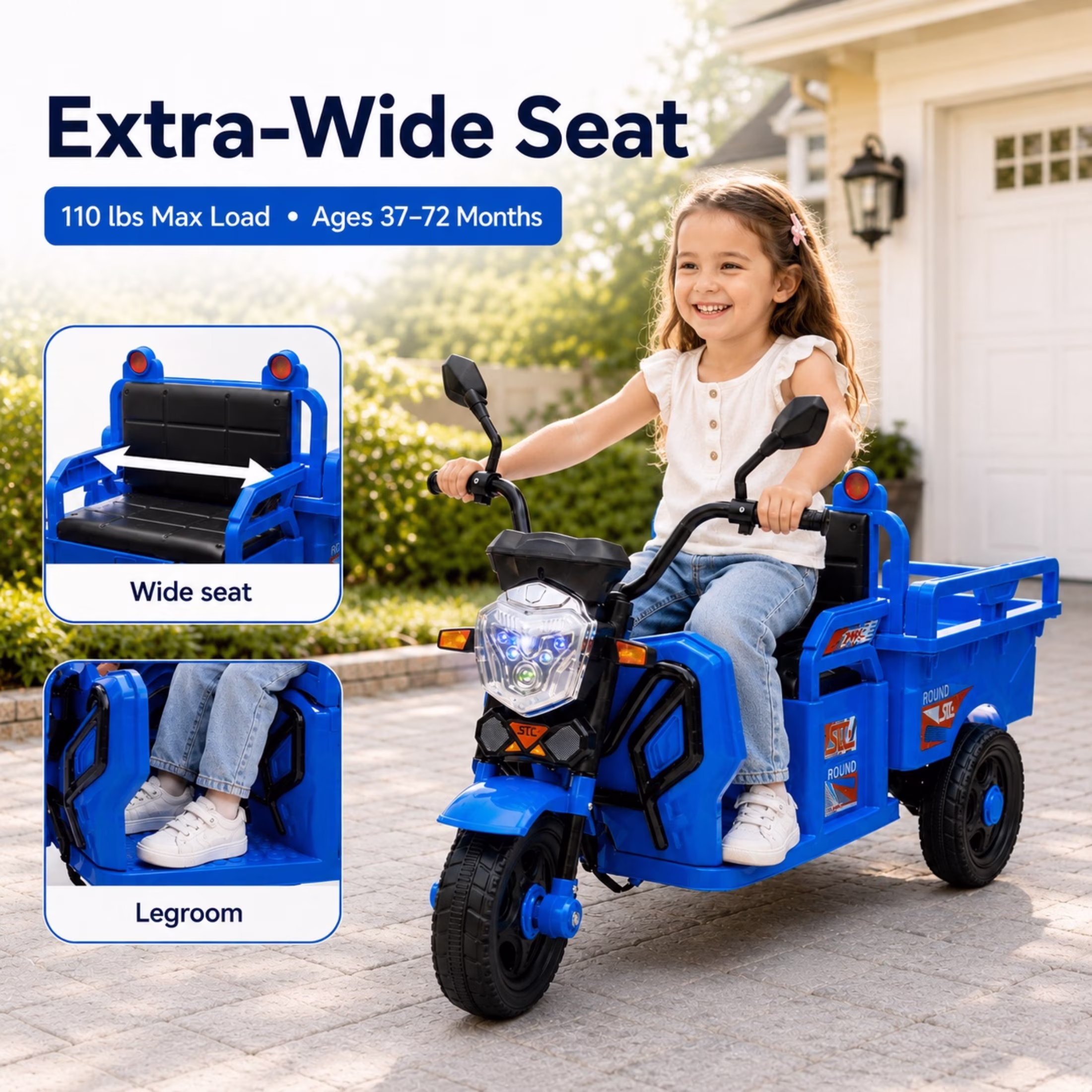 12V Kids Ride on Toy, SHINPT Powered Ride on Car with Large Storage Bed, 3-Wheel Cargo Truck with LED Lights & Music, Wide Seat, Toddler Ride on Toys for Ages 3-6, Blue - Image 5