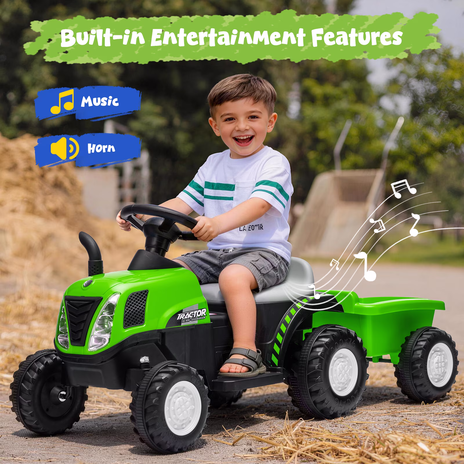 12V Kids Ride on Tractor, Toddler Ride on Tractor with Detachable Trailer, LED Lights, Music | Riding Tractor for Toddlers 1-5 (Green) - Image 4