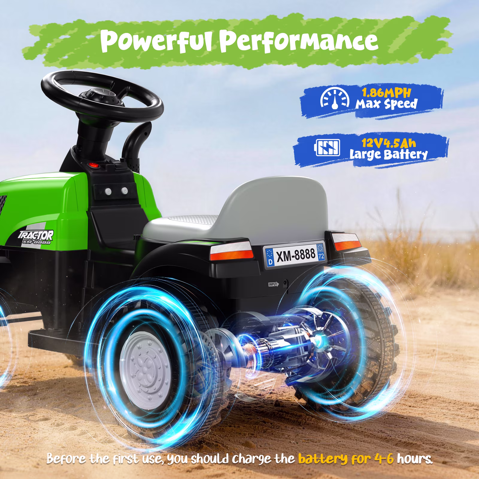 12V Kids Ride on Tractor, Toddler Ride on Tractor with Detachable Trailer, LED Lights, Music | Riding Tractor for Toddlers 1-5 (Green) - Image 5