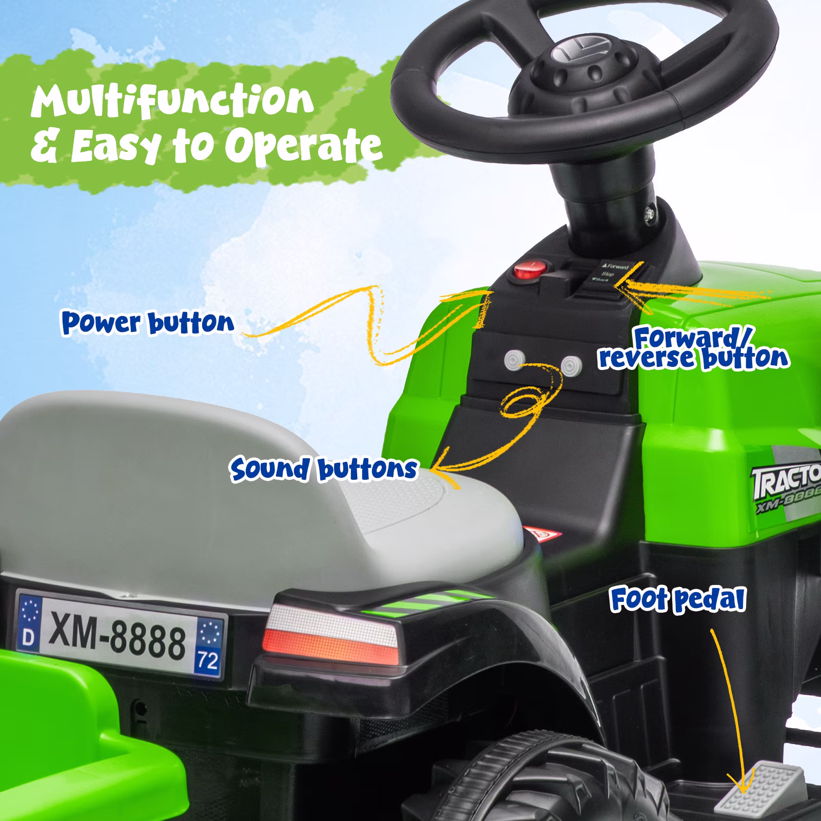 12V Kids Ride on Tractor, Toddler Ride on Tractor with Detachable Trailer, LED Lights, Music | Riding Tractor for Toddlers 1-5 (Green) - Image 3