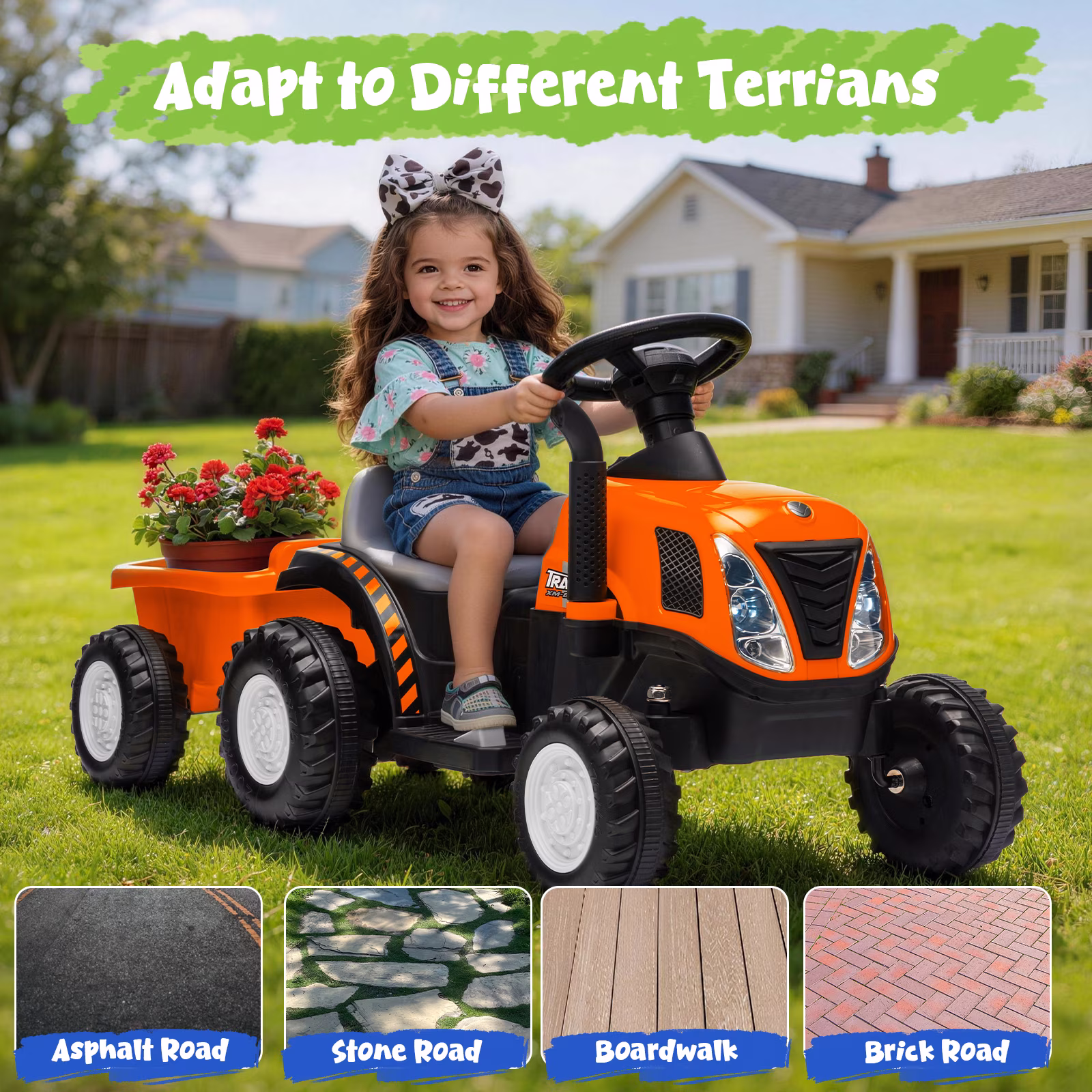 12V Kids Ride on Tractor, Toddler Ride on Tractor with Detachable Trailer, LED Lights, Music | Riding Tractor for Toddlers 1-5 (Orange) - Image 2
