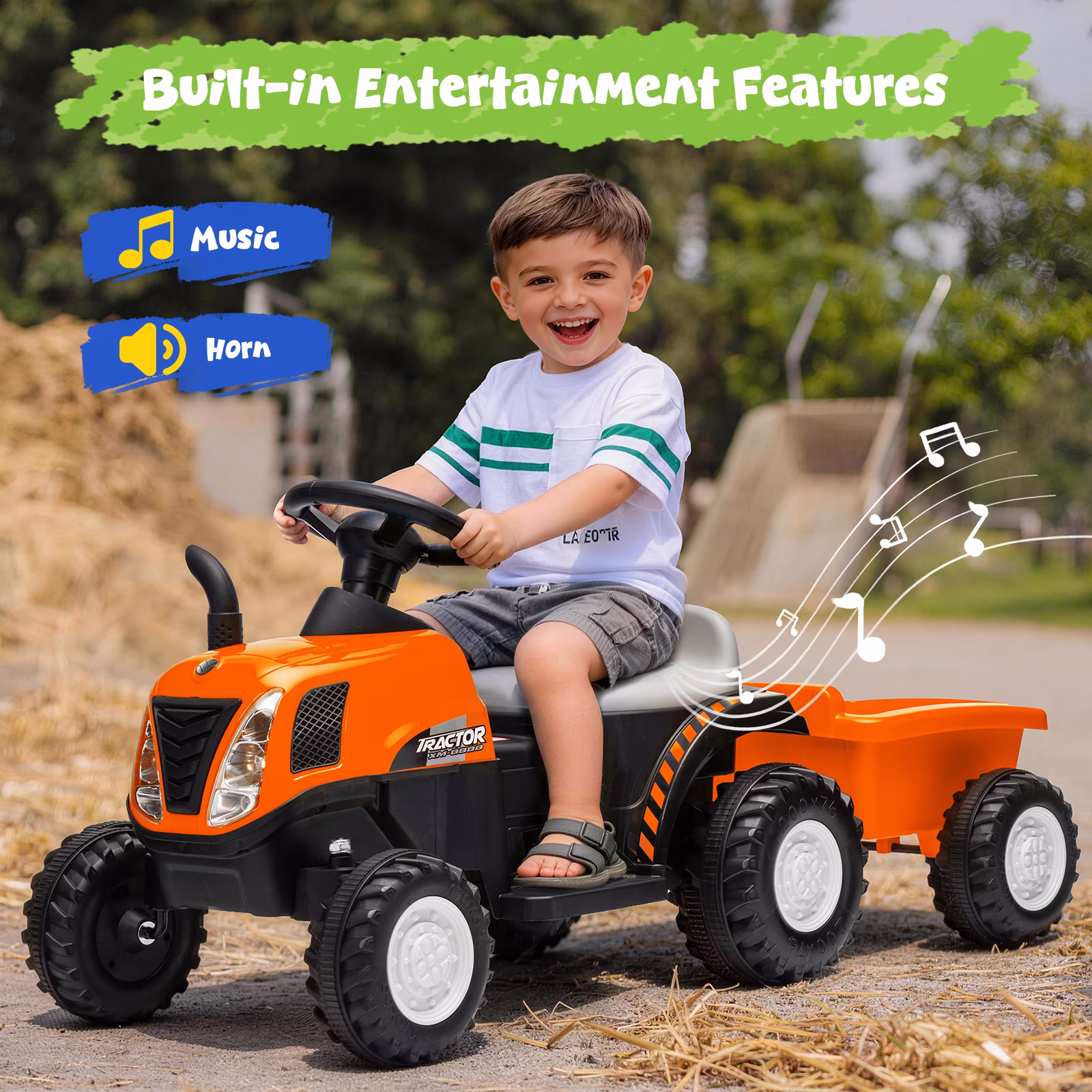 12V Kids Ride on Tractor, Toddler Ride on Tractor with Detachable Trailer, LED Lights, Music | Riding Tractor for Toddlers 1-5 (Orange) - Image 5