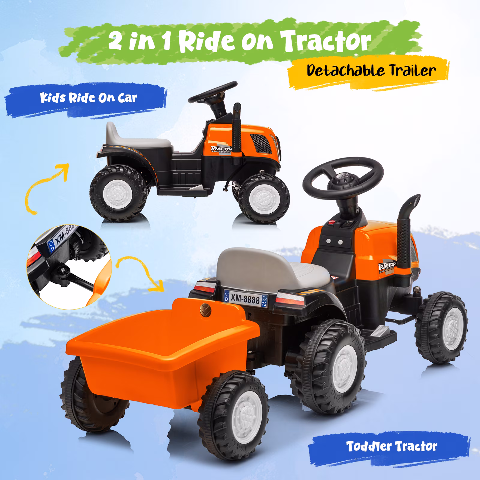 12V Kids Ride on Tractor, Toddler Ride on Tractor with Detachable Trailer, LED Lights, Music | Riding Tractor for Toddlers 1-5 (Orange) - Image 3