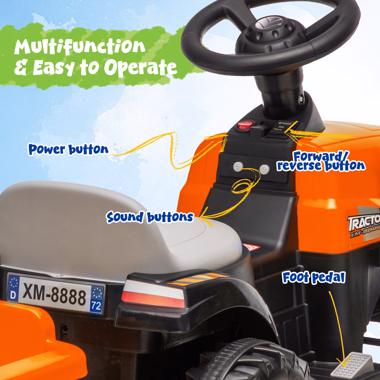 12V Kids Ride on Tractor, Toddler Ride on Tractor with Detachable Trailer, LED Lights, Music | Riding Tractor for Toddlers 1-5 (Orange) - Image 4
