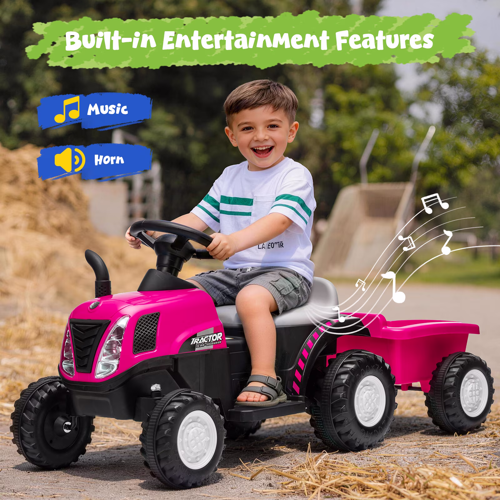 12V Kids Ride on Tractor, Toddler Ride on Tractor with Detachable Trailer, LED Lights, Music | Riding Tractor for Toddlers 1-5 (Pink) - Image 3