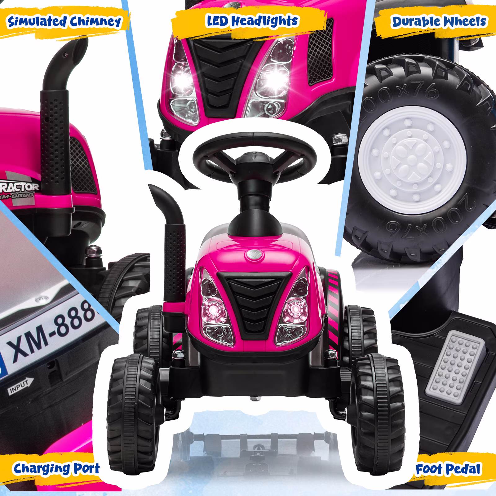 12V Kids Ride on Tractor, Toddler Ride on Tractor with Detachable Trailer, LED Lights, Music | Riding Tractor for Toddlers 1-5 (Pink) - Image 4