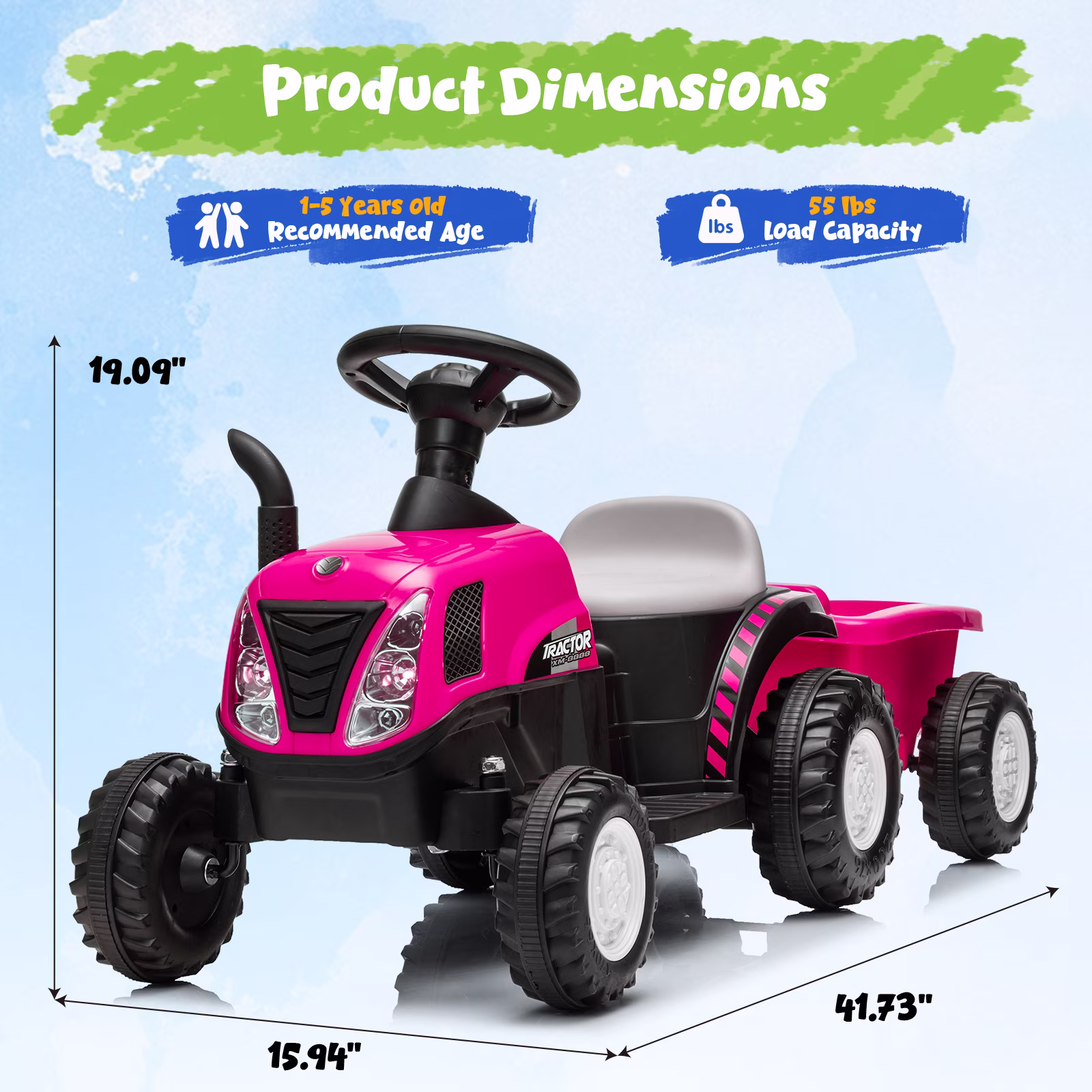12V Kids Ride on Tractor, Toddler Ride on Tractor with Detachable Trailer, LED Lights, Music | Riding Tractor for Toddlers 1-5 (Pink) - Image 2