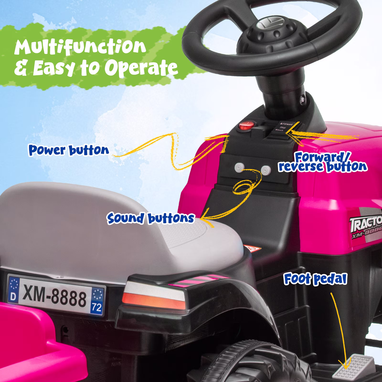 12V Kids Ride on Tractor, Toddler Ride on Tractor with Detachable Trailer, LED Lights, Music | Riding Tractor for Toddlers 1-5 (Pink) - Image 5