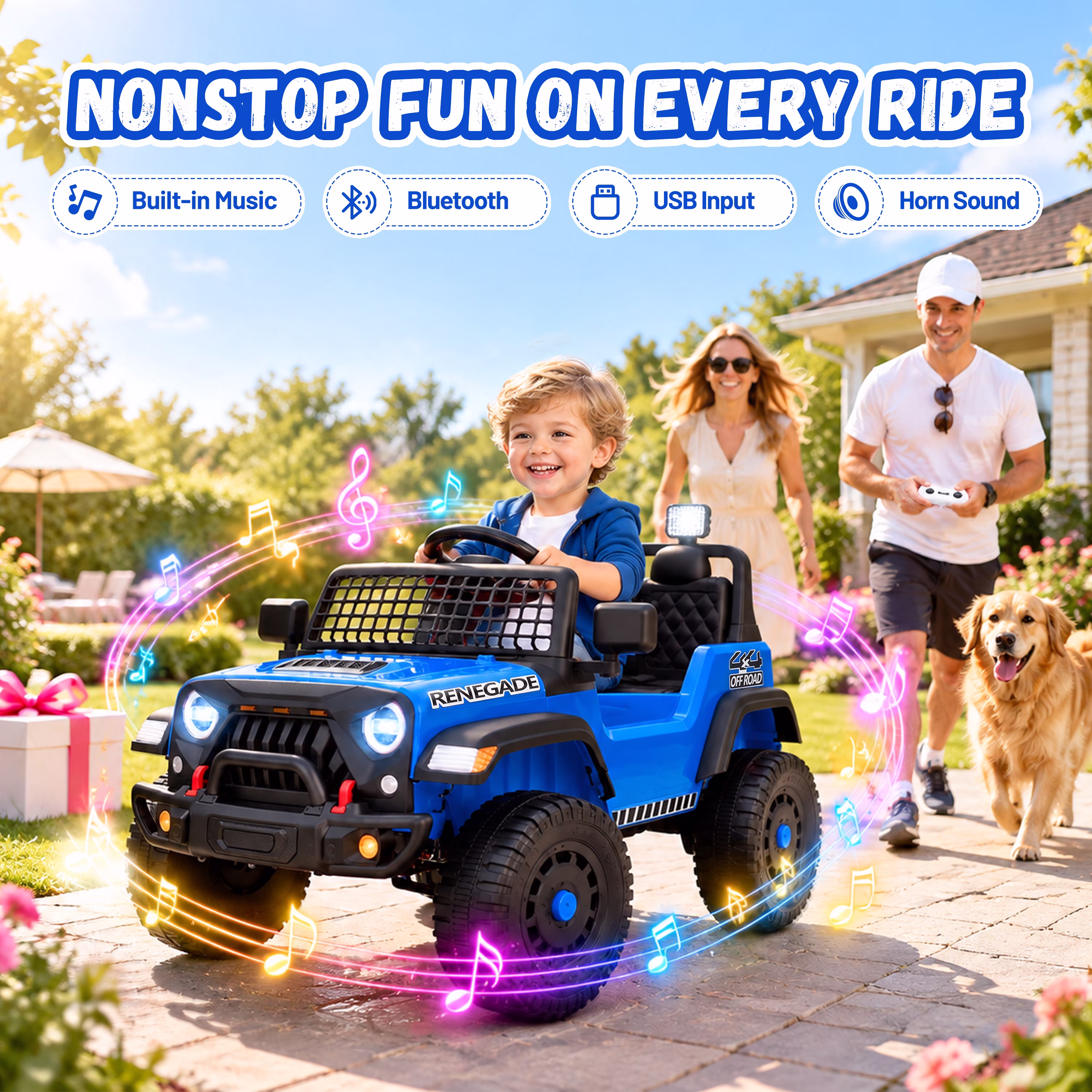 12V Kids Ride on Truck, Electric Car for Toddlers Ages 2-4 with Parent Remote Control, 2.4G Remote, Four-Wheel Suspension, Slow Start/Stop, LED Headlights, Bluetooth Music, USB, Power Display - Image 4