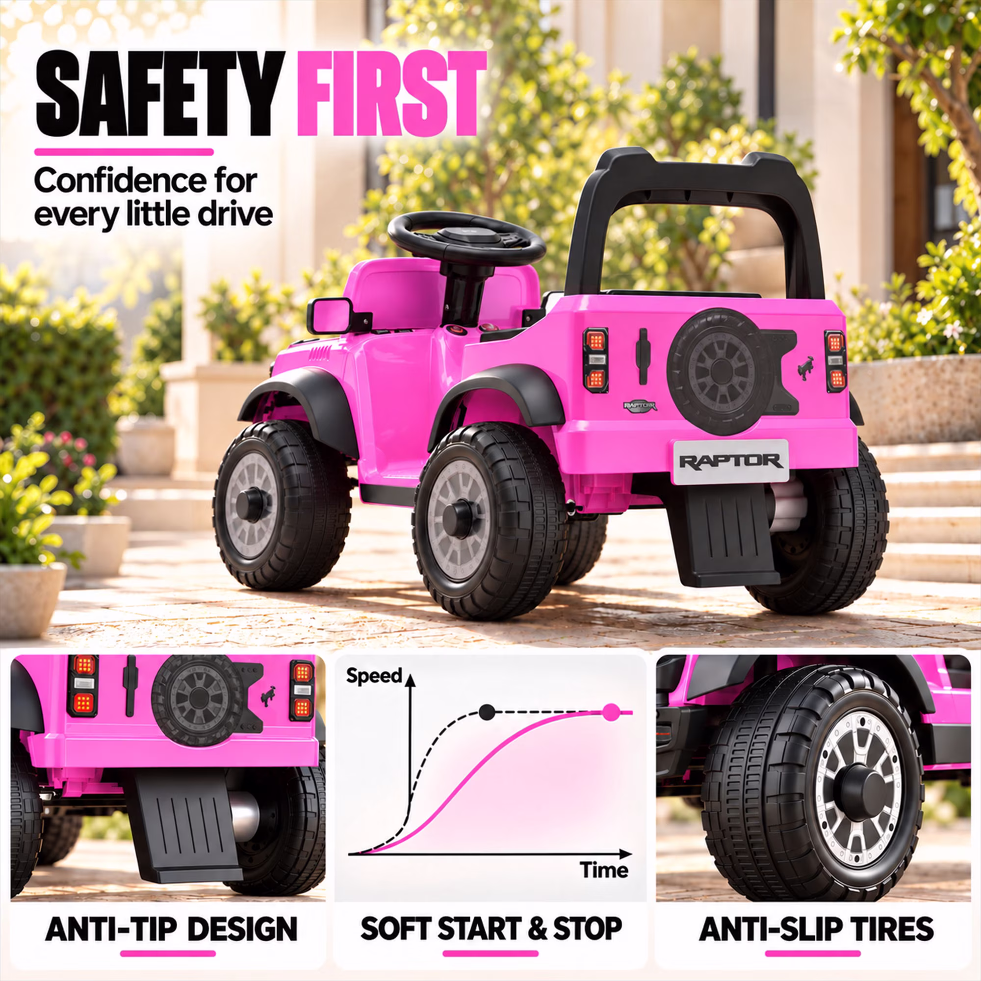 12V Licensed Ford Bronco Raptor Powered Ride on Toy Cars, Kids Electric Car for Toddlers with Music, LED Lights, Horn, Ages 2+, Pink - Image 5