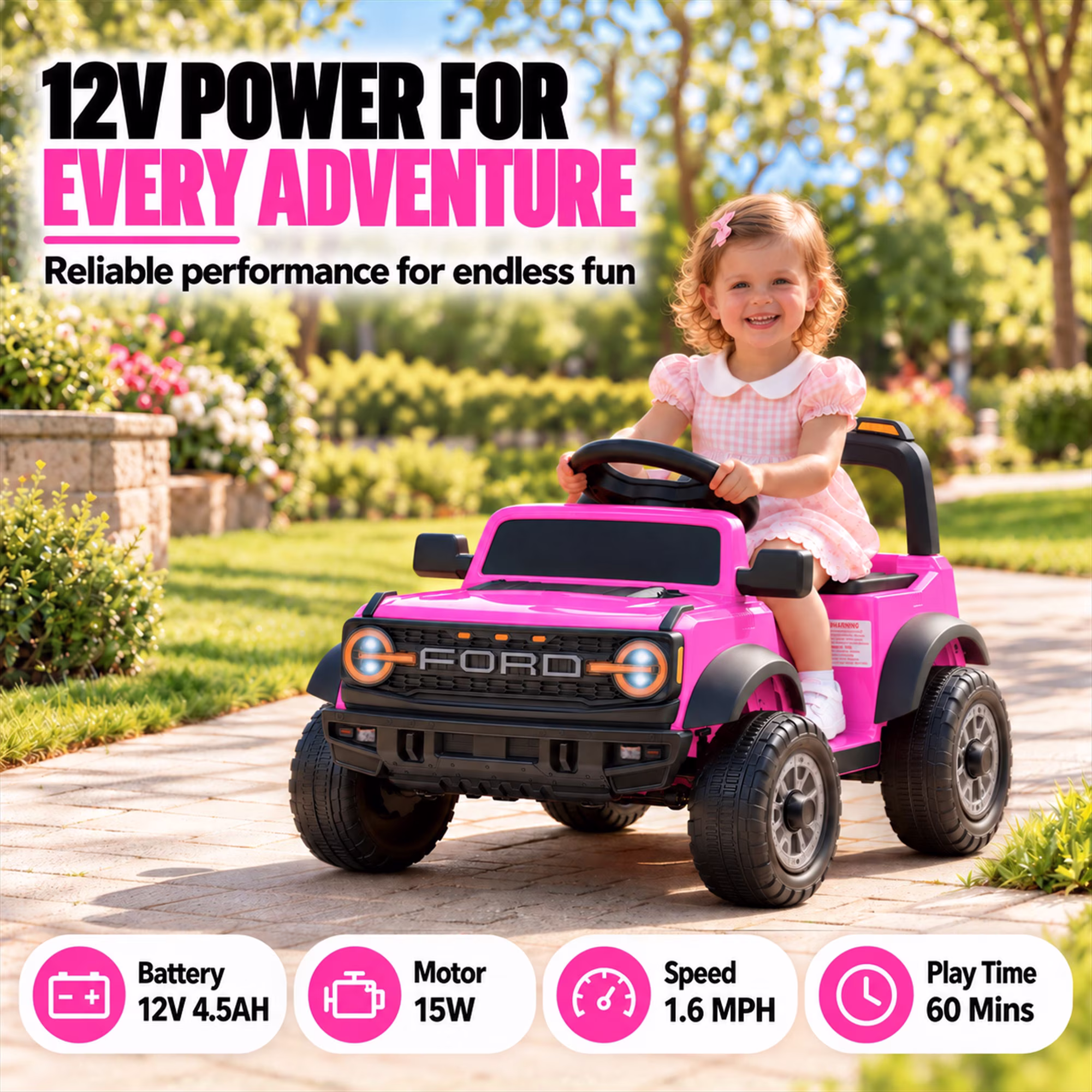 12V Licensed Ford Bronco Raptor Powered Ride on Toy Cars, Kids Electric Car for Toddlers with Music, LED Lights, Horn, Ages 2+, Pink - Image 2