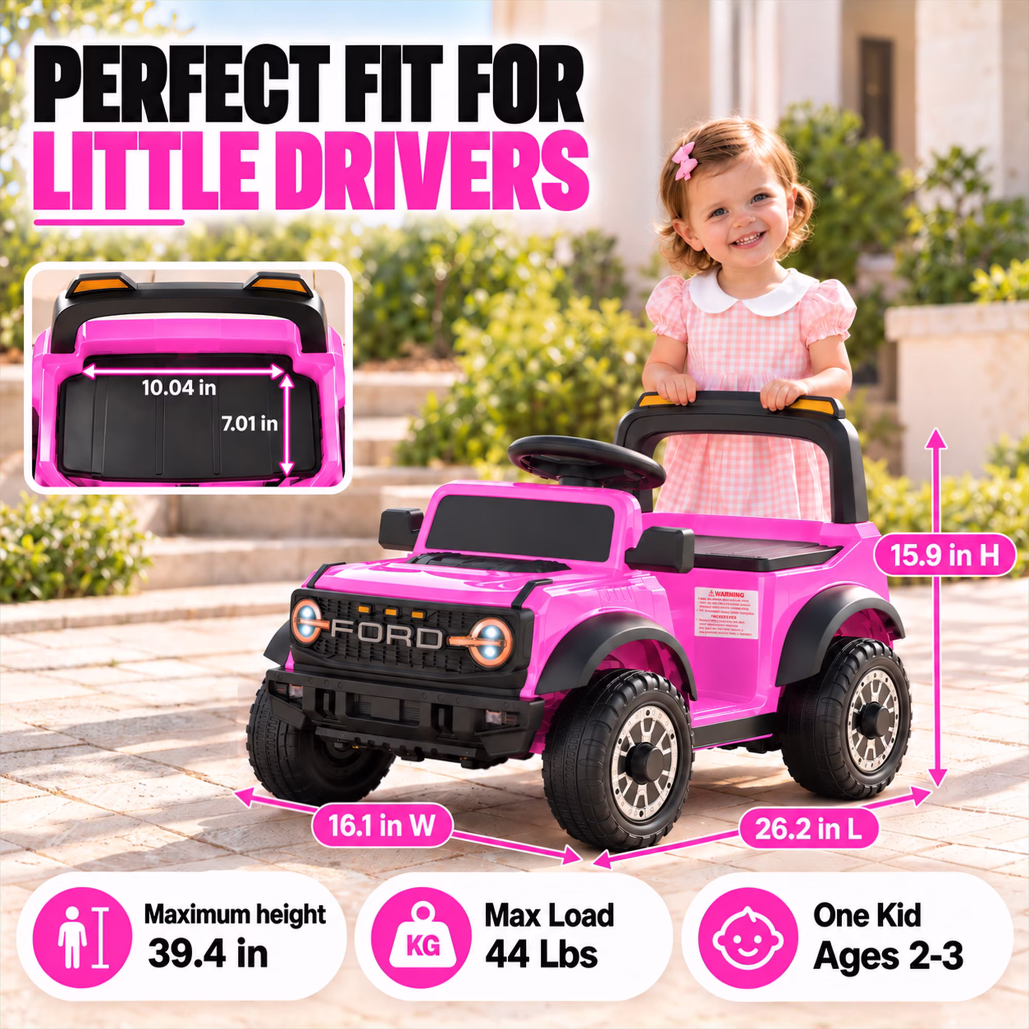 12V Licensed Ford Bronco Raptor Powered Ride on Toy Cars, Kids Electric Car for Toddlers with Music, LED Lights, Horn, Ages 2+, Pink - Image 3