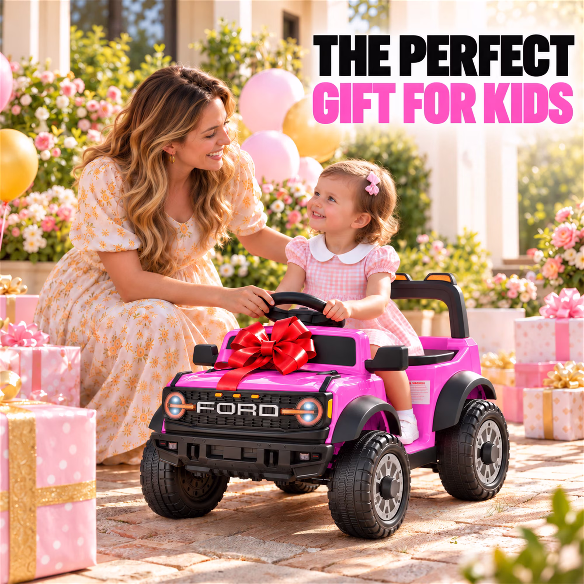 12V Licensed Ford Bronco Raptor Powered Ride on Toy Cars, Kids Electric Car for Toddlers with Music, LED Lights, Horn, Ages 2+, Pink - Image 4
