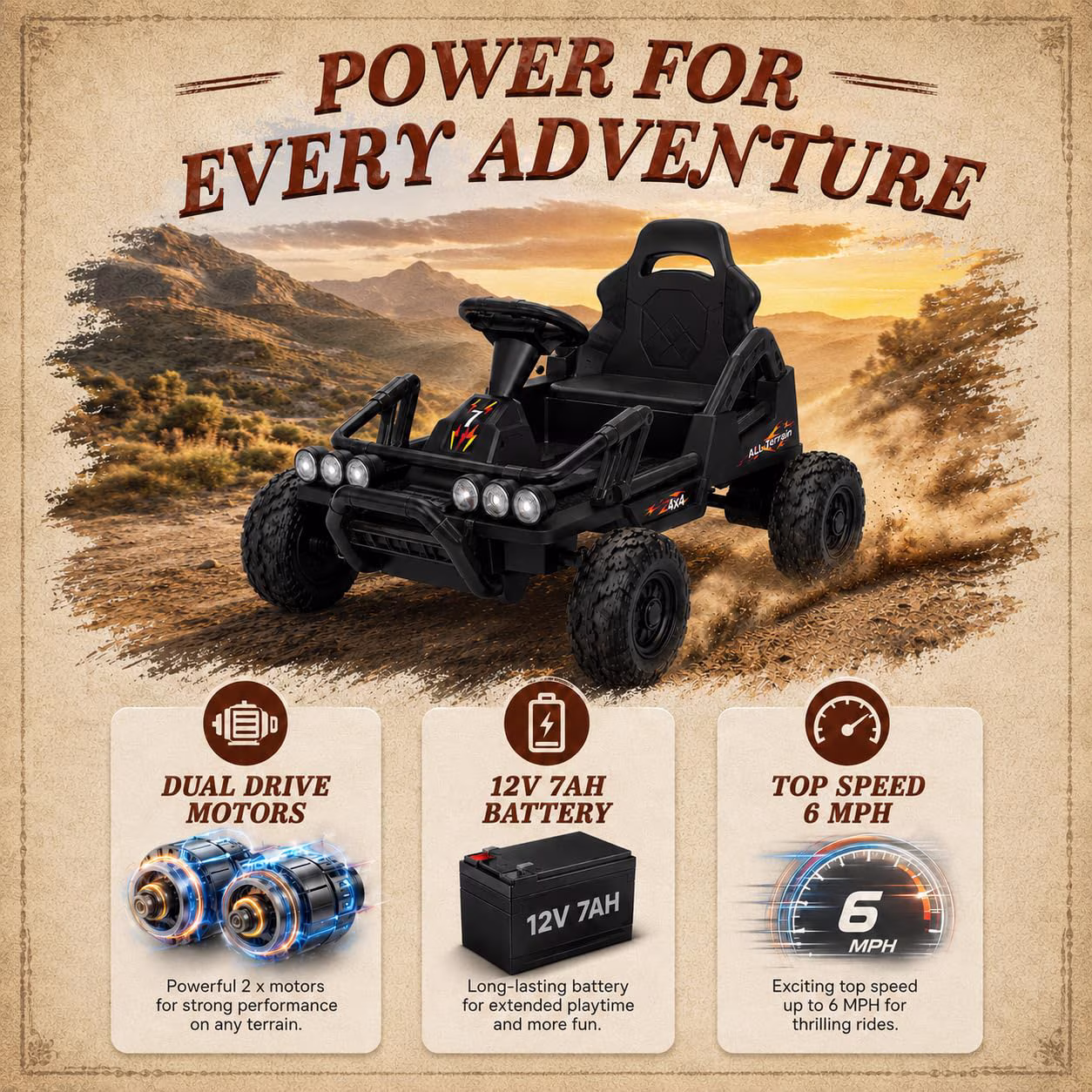 12V Ride On Car for Kids, 6 MPH Electric Vehicle with Dual Motors, 4-Wheel Battery Powered Car, Ages 3-6, Black - Image 5