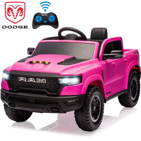 12V Ride on Cars with Remote Control, Licensed RAM 1500 Kids Ride on Toys for Toddlers Boys Girls Ages 3-6, Kids Electric Cars with Bluetooth, Music, Back Storage, LED Light, Pink