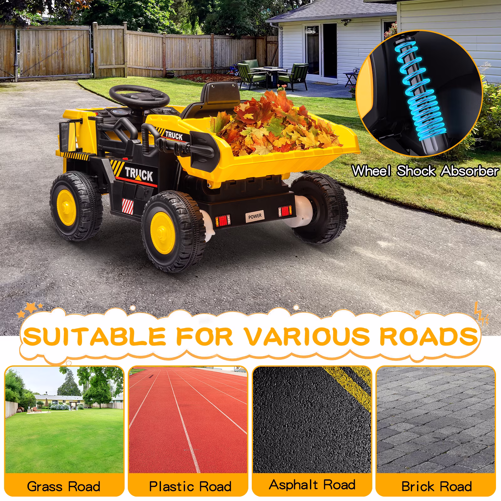12V Ride On Dump Truck Electric Construction Car for Kids, Remote Control with Dump Bed, Extra Shovel, Music Player & LED Lights, 4-Wheel Suspension High/Low Speed Toy Vehicle for Toddlers Boys Girls - Image 4