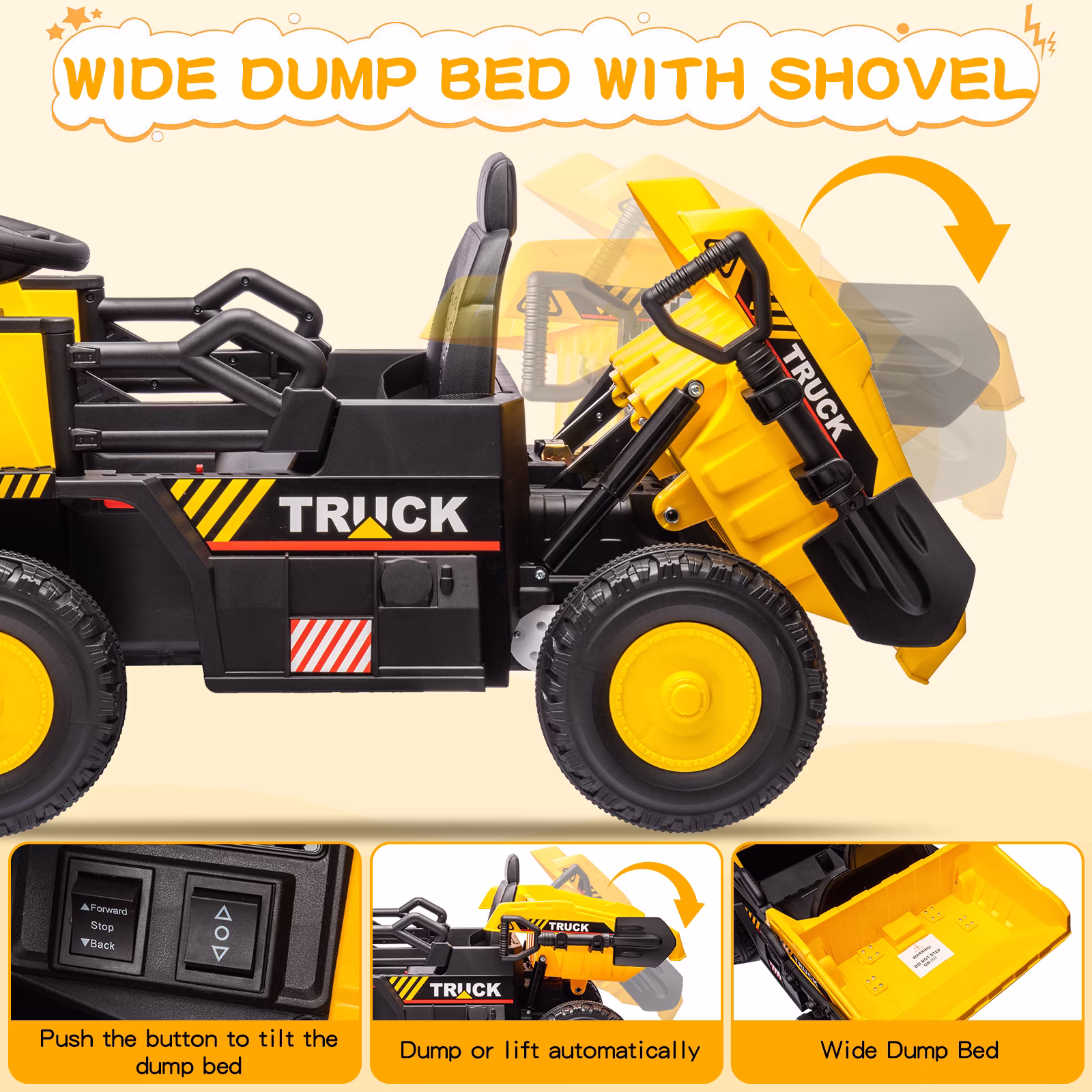12V Ride On Dump Truck Electric Construction Car for Kids, Remote Control with Dump Bed, Extra Shovel, Music Player & LED Lights, 4-Wheel Suspension High/Low Speed Toy Vehicle for Toddlers Boys Girls - Image 5