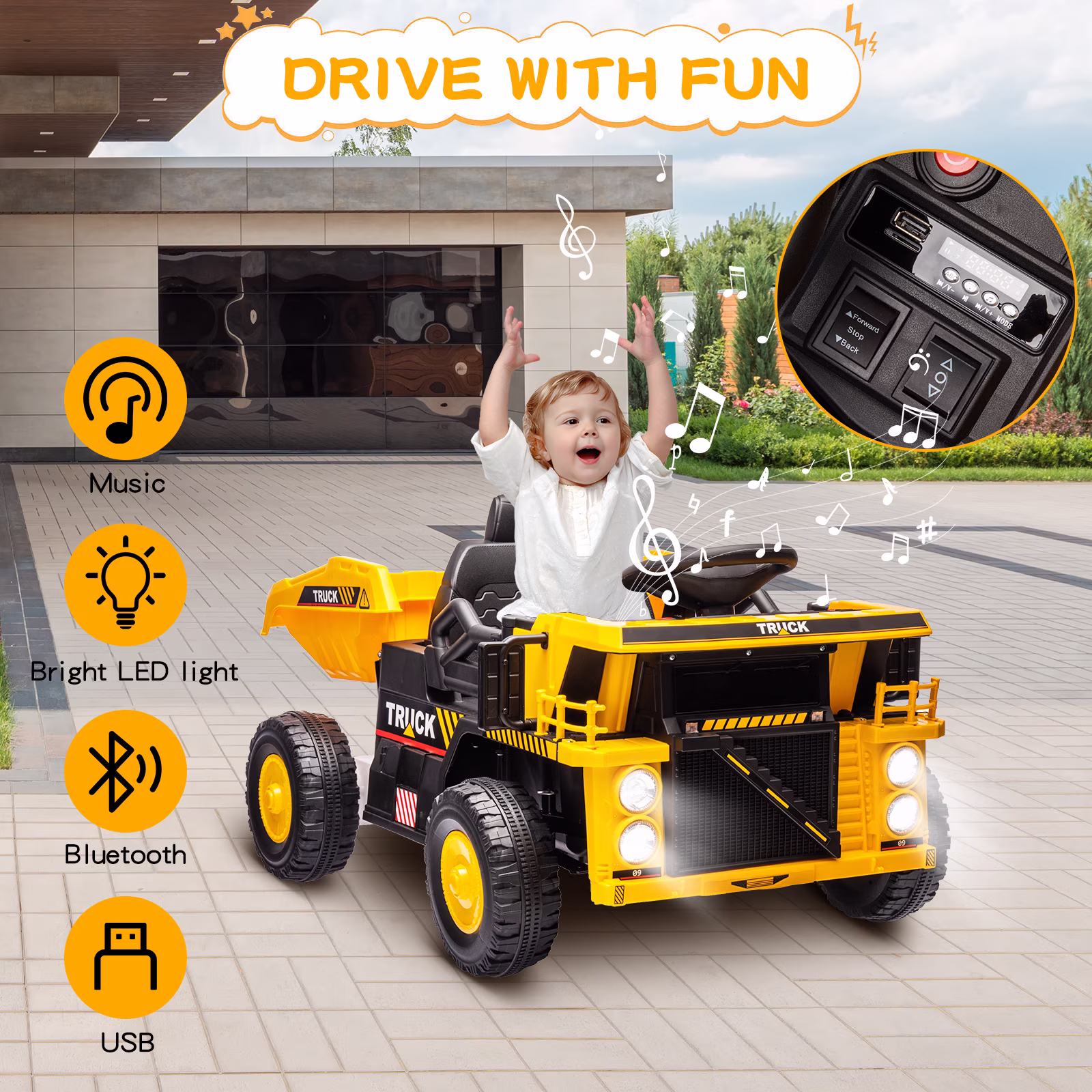 12V Ride On Dump Truck Electric Construction Car for Kids, Remote Control with Dump Bed, Extra Shovel, Music Player & LED Lights, 4-Wheel Suspension High/Low Speed Toy Vehicle for Toddlers Boys Girls - Image 2