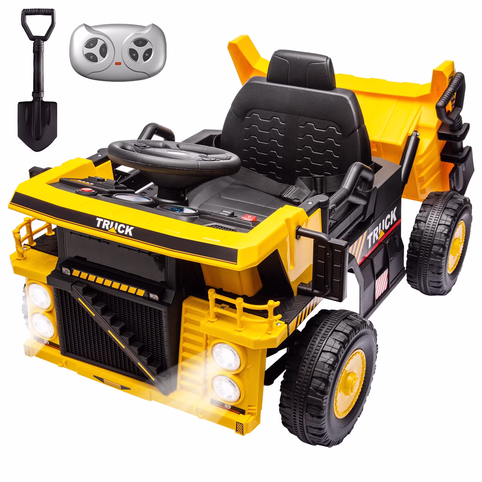 12V Ride On Dump Truck Electric Construction Car for Kids, Remote Control with Dump Bed, Extra Shovel, Music Player & LED Lights, 4-Wheel Suspension High/Low Speed Toy Vehicle for Toddlers Boys Girls