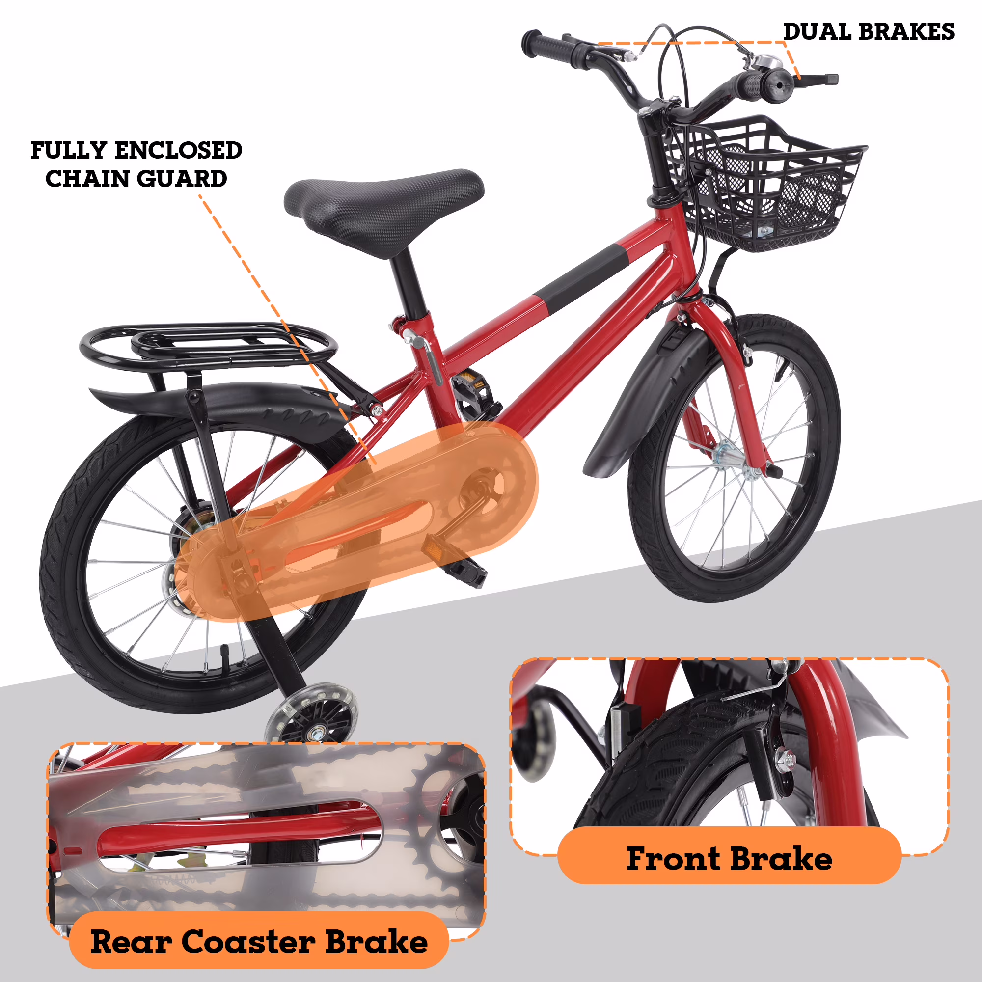 16 Inch Bicycle Children's Training Bicycles Kids Bike with Basket Bell Training Wheels & Basket Pink/Red/White - Image 4