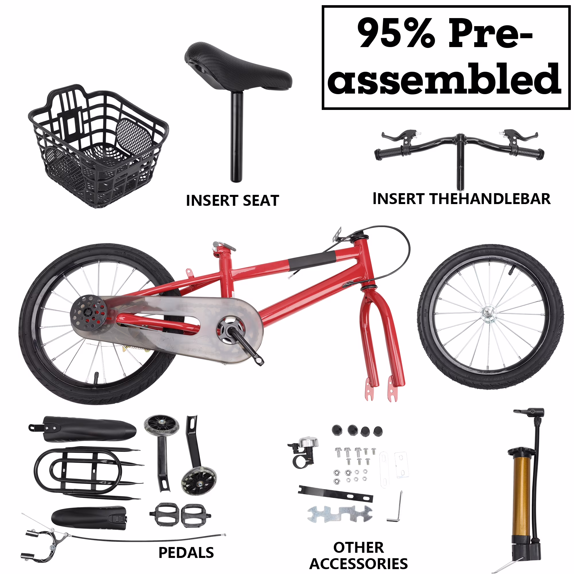 16 Inch Bicycle Children's Training Bicycles Kids Bike with Basket Bell Training Wheels & Basket Pink/Red/White - Image 3