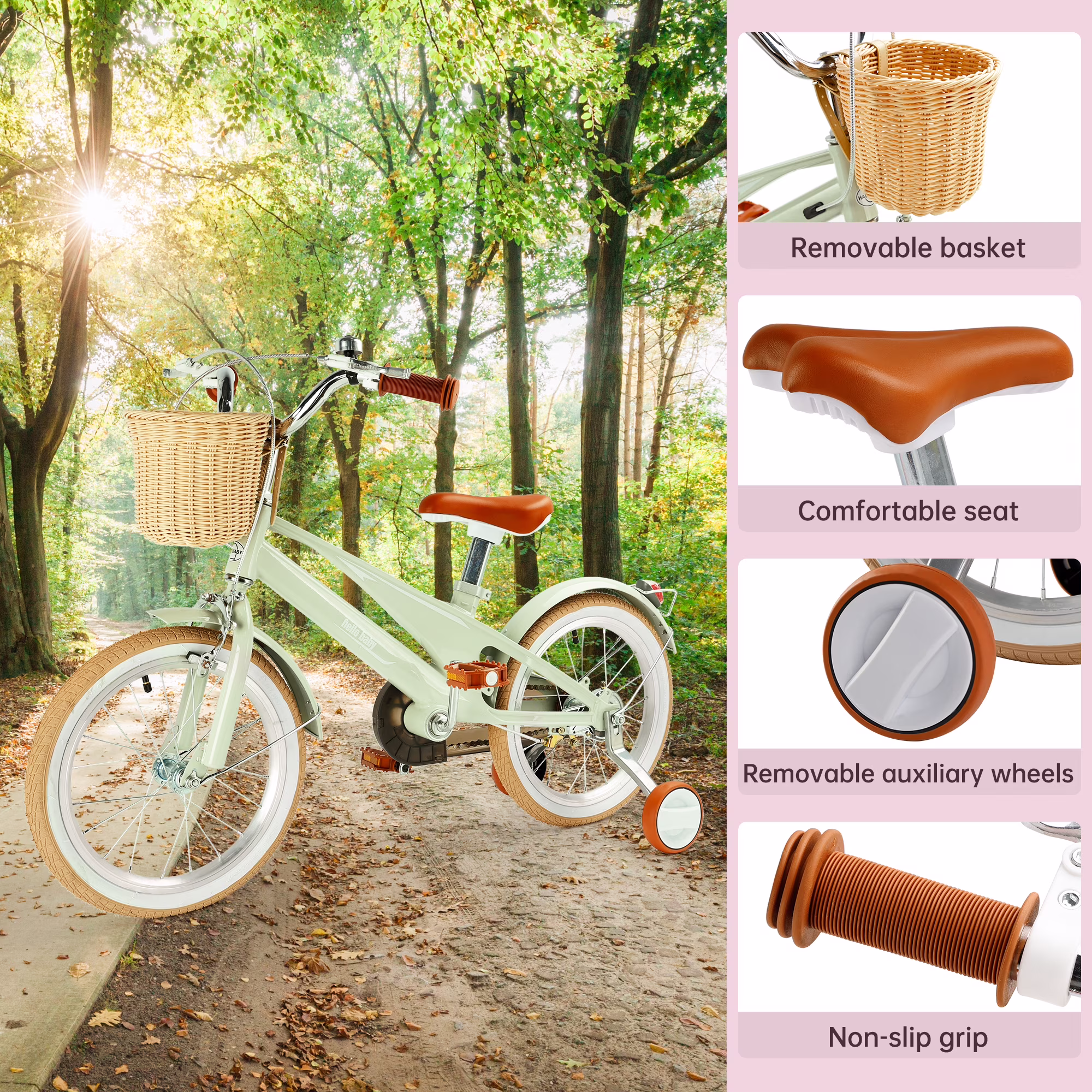 16 Inch Girls Boys Bike for 4-9 Years Old Toddlers and Kids, Kids Bike with Training Wheels, Basket, Dual Brake, Retro Style Children Bicyle - Image 5