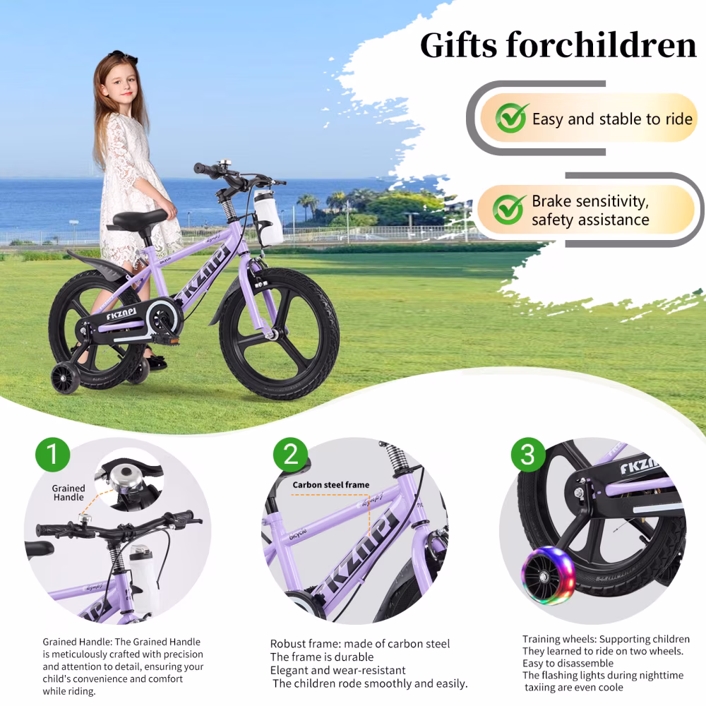 16 Inch Kids Bike for Ages 3-9, High Carbon Steel Frame, Magnesium Alloy Wheels, Training Wheels with Night Glow, Adjustable Seat, Water Bottle Included, Purple - Image 4