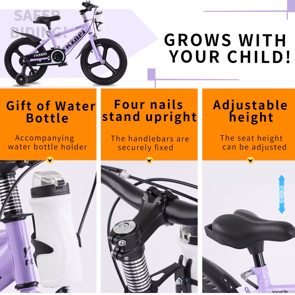 16 Inch Kids Bike for Ages 3-9, High Carbon Steel Frame, Magnesium Alloy Wheels, Training Wheels with Night Glow, Adjustable Seat, Water Bottle Included, Purple - Image 2