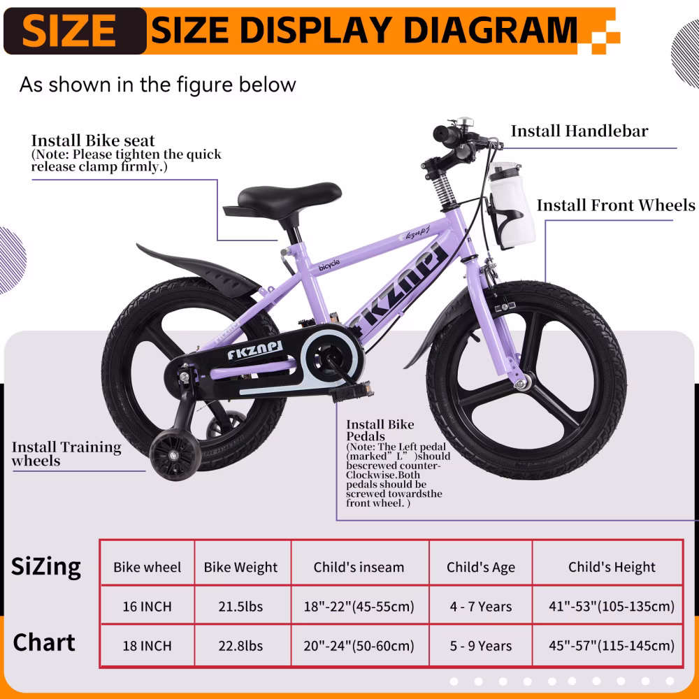 16 Inch Kids Bike for Ages 3-9, High Carbon Steel Frame, Magnesium Alloy Wheels, Training Wheels with Night Glow, Adjustable Seat, Water Bottle Included, Purple - Image 3