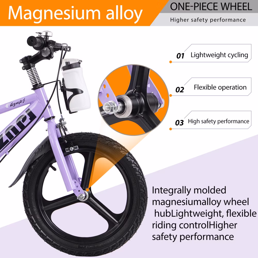 16 Inch Kids Bike for Ages 3-9, High Carbon Steel Frame, Magnesium Alloy Wheels, Training Wheels with Night Glow, Adjustable Seat, Water Bottle Included, Purple - Image 5