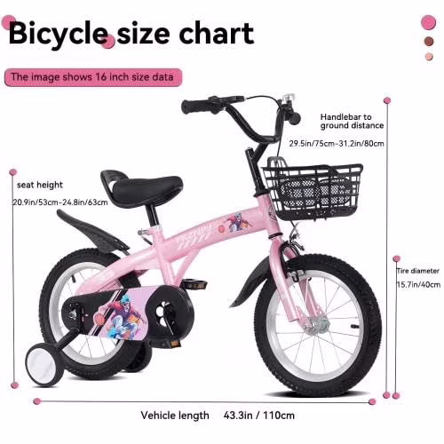 16‘’Sporty Kids Bike with Training Wheels and Stand Adjustable Saddle Suitable for Boys and Girls Aged 4-10 Years Tall Height 41-57 inches Pink - Image 3