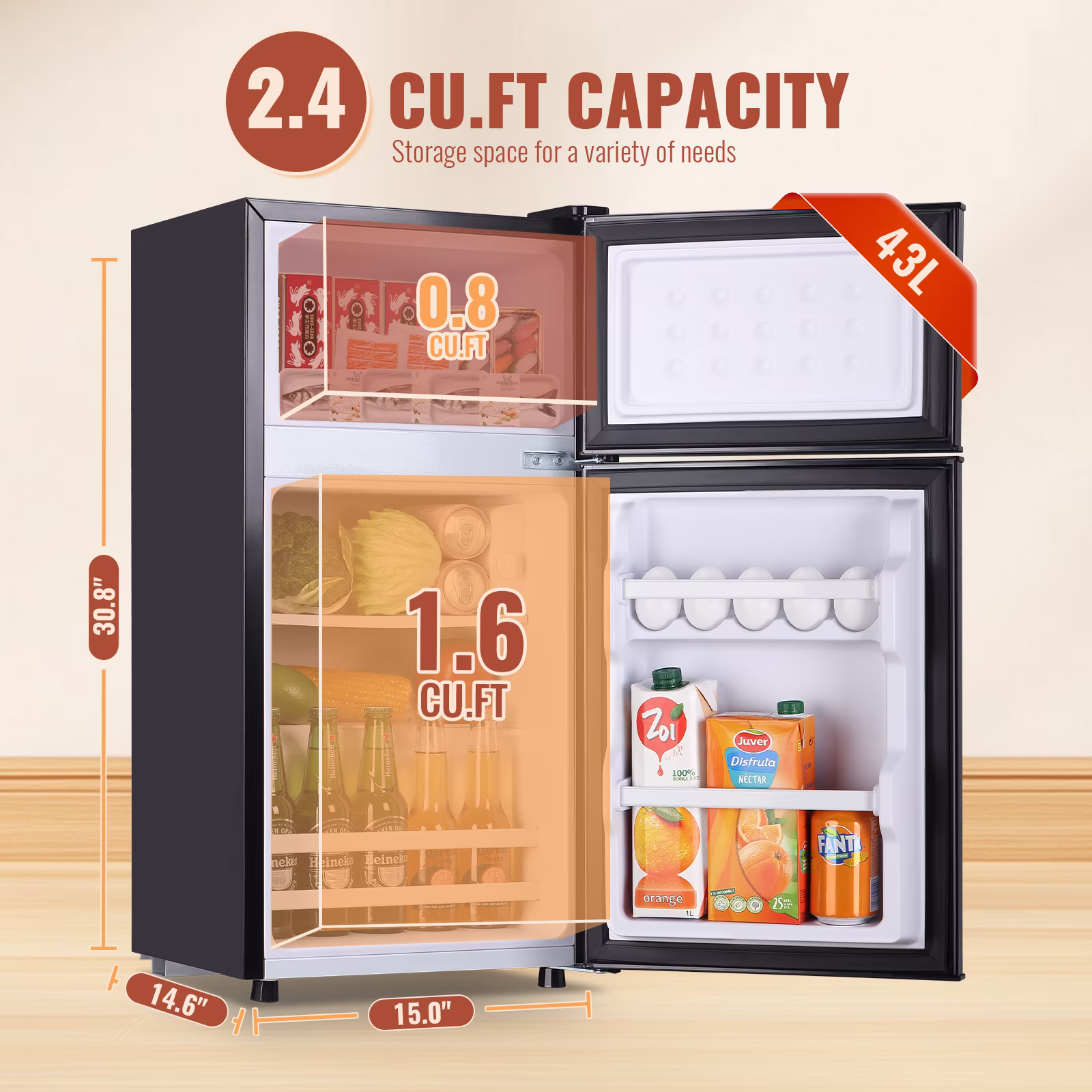 2.4 Cu.Ft Mini Fridge Small Refrigerator with Freezer 2 Removable Plastic Shelves Two Door Gray New - Image 3