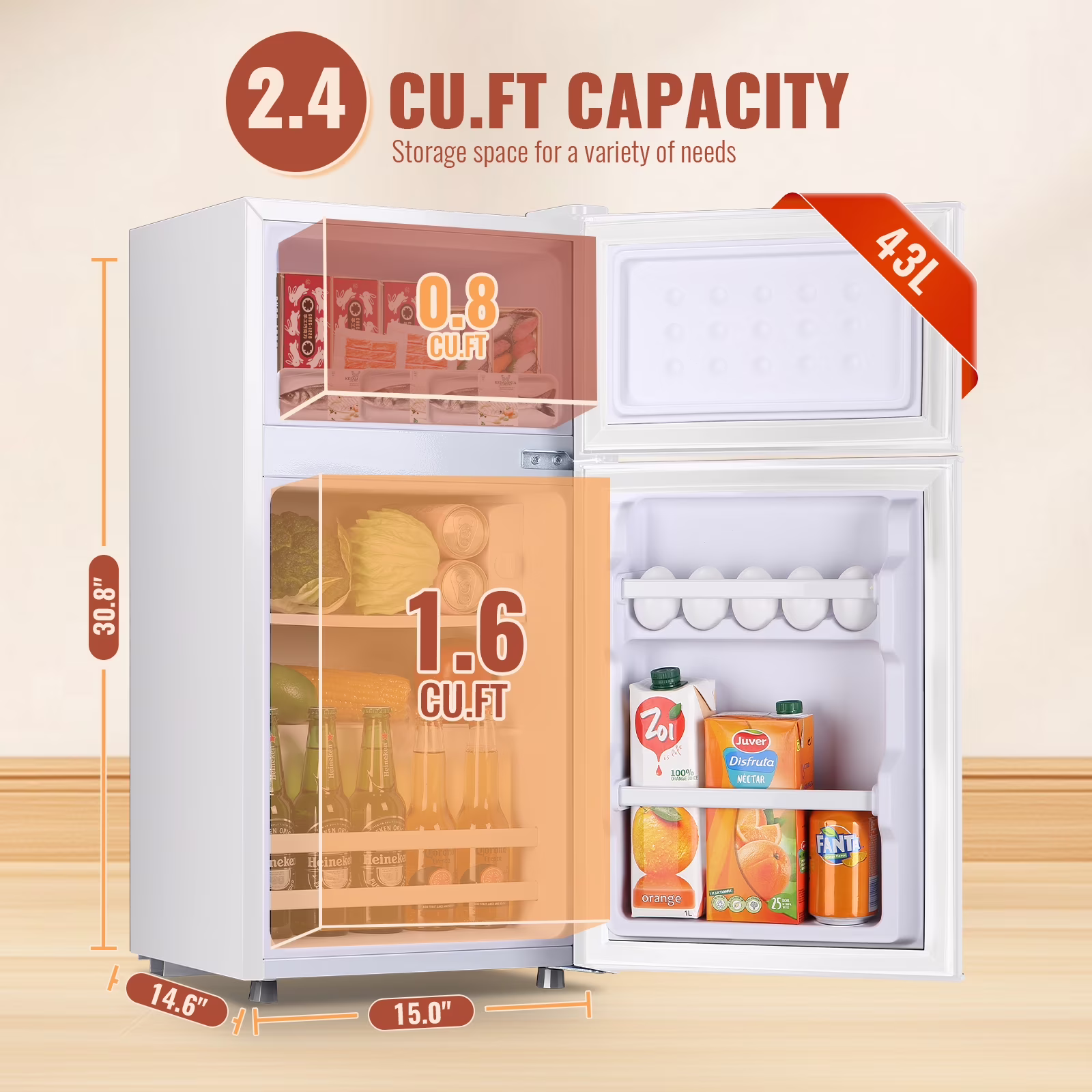2.4 Cu.Ft Mini Fridge Small Refrigerator with Freezer 2 Removable Plastic Shelves Two Door White New - Image 5