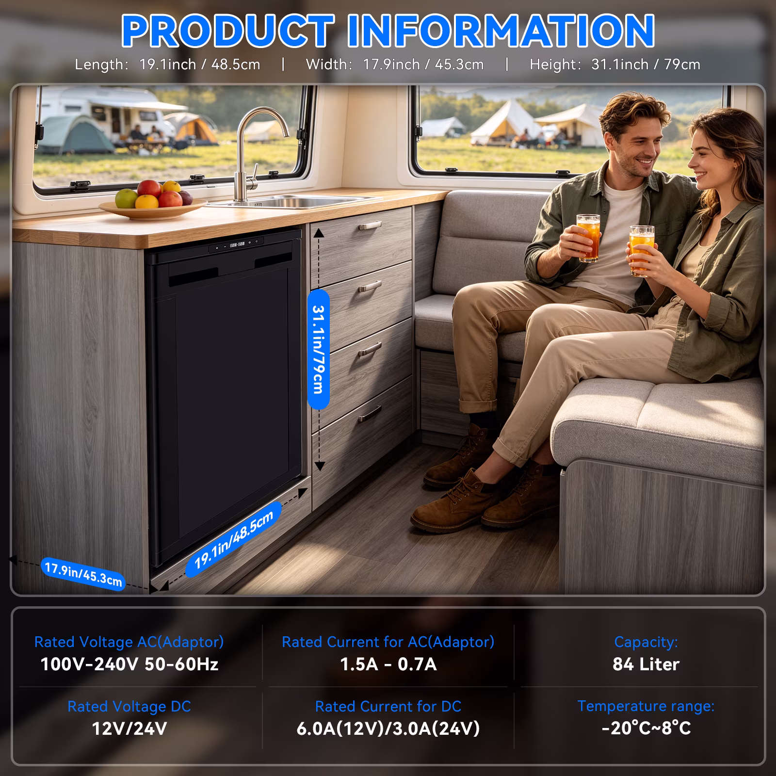 2.97 Cu.Ft RV Refrigerator, 84L Built‑in 12V RV Fridge Freezer, Dual‑Zone Compressor Cooler,‑4℉‑46℉, 12/24V DC with APP Control for Camper, Truck, Boat - Image 4