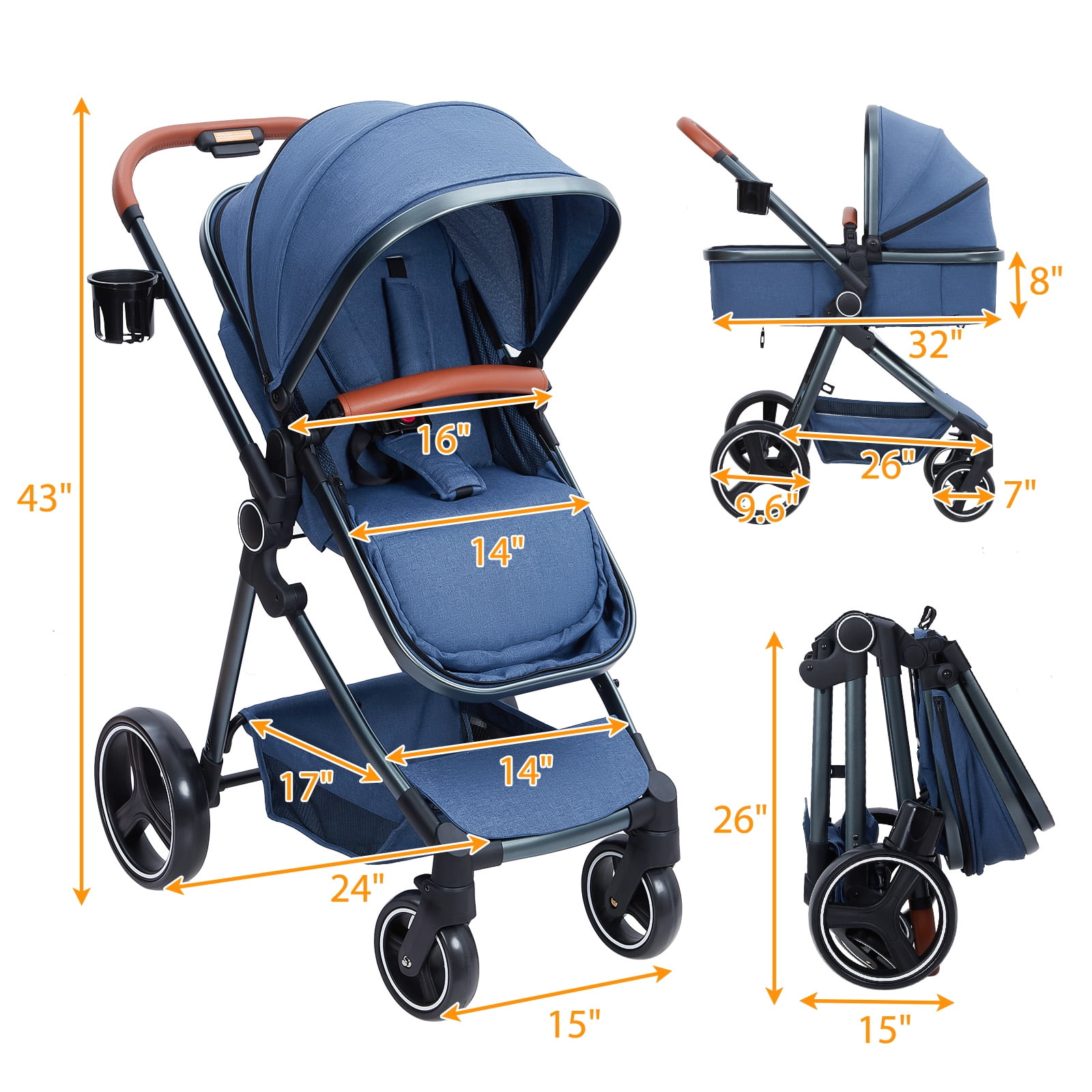 2-in-1 Bassinet Stroller, Lightweight Foldable Baby Stroller with Reversible Seat, Adjustable Canopy & All-Terrain Wheels for Newborns 0-3 Years - Image 4