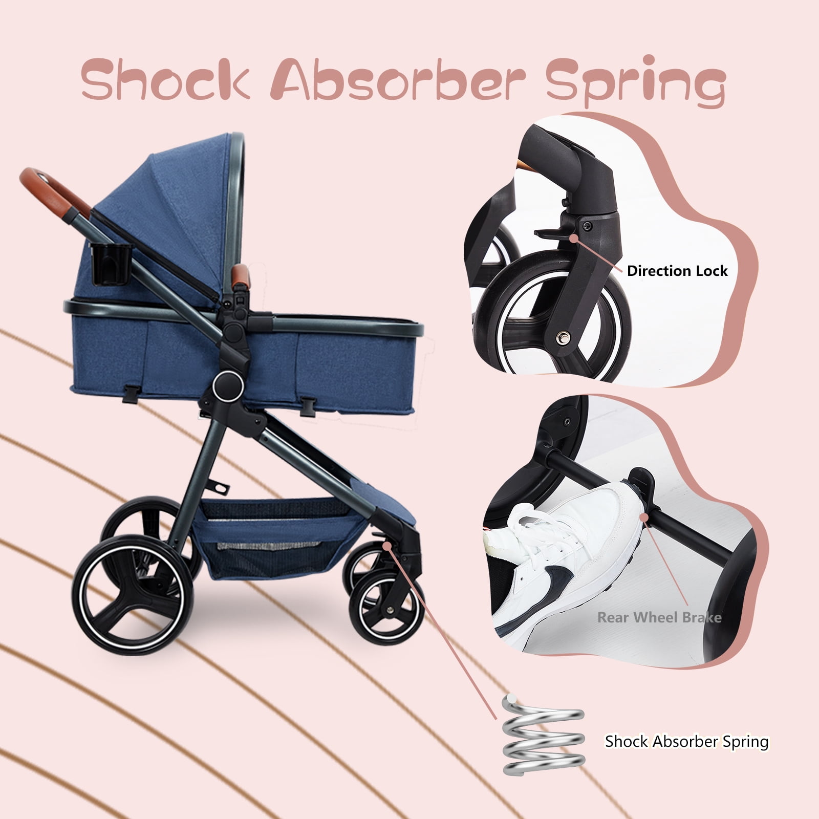 2-in-1 Bassinet Stroller, Lightweight Foldable Baby Stroller with Reversible Seat, Adjustable Canopy & All-Terrain Wheels for Newborns 0-3 Years - Image 5