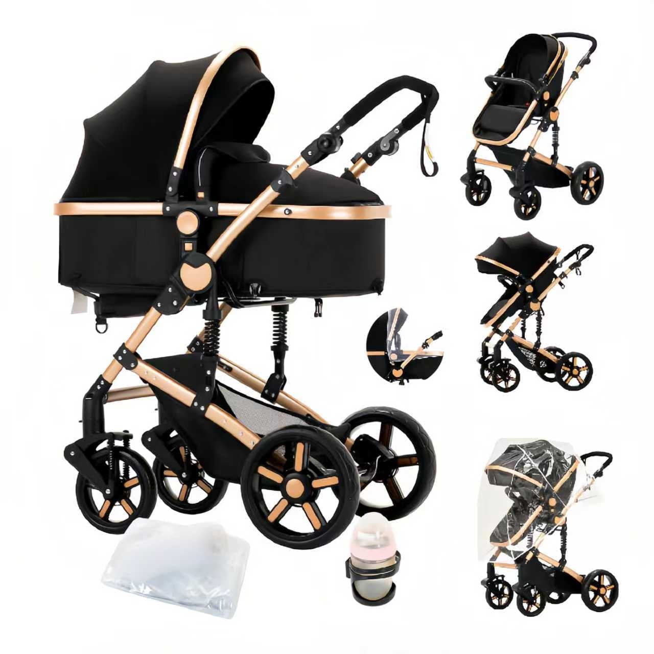 2 in 1 Portable Baby Stroller Convertible Baby Pushchair with Storage Bag for Newborns and Toddlers,Foldable,Unisex(Black Gold)