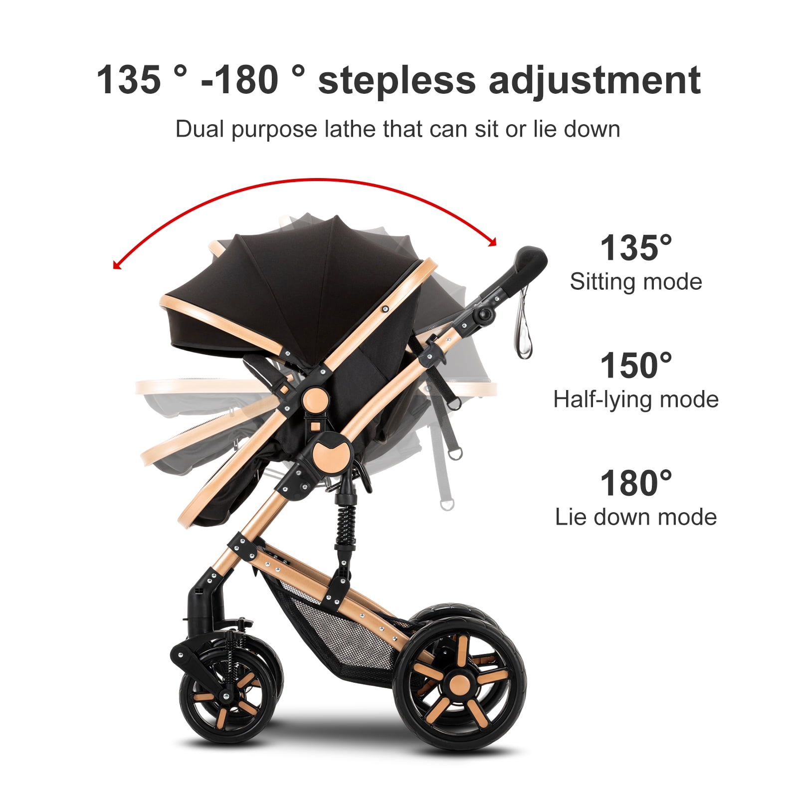 2 in 1 Portable Baby Stroller Convertible Baby Pushchair with Storage Bag for Newborns and Toddlers,Foldable,Unisex(Black Gold) - Image 4