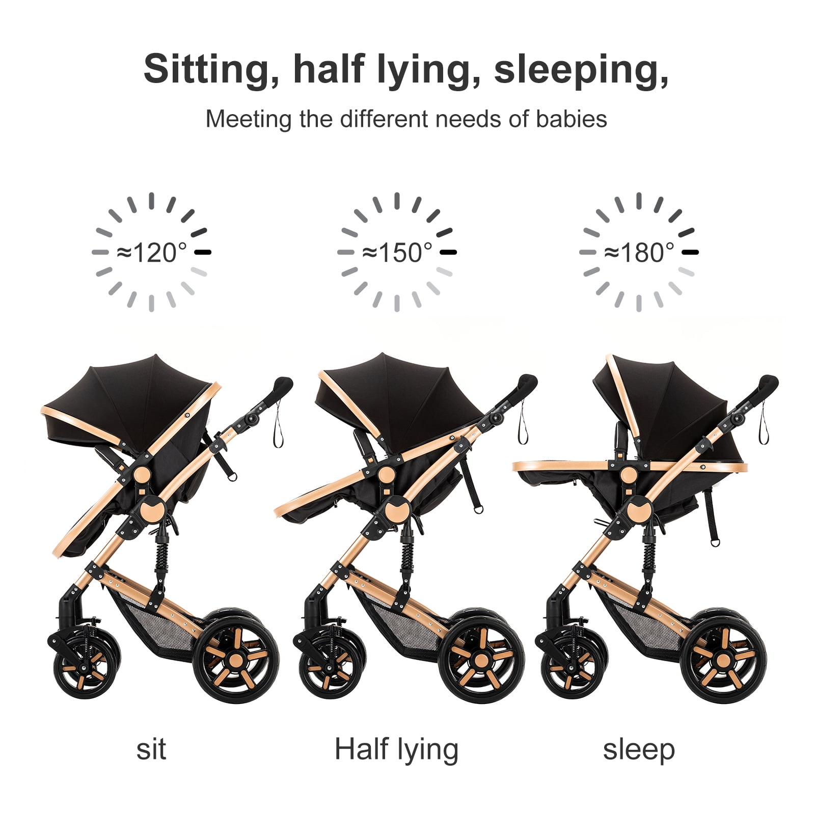 2 in 1 Portable Baby Stroller Convertible Baby Pushchair with Storage Bag for Newborns and Toddlers,Foldable,Unisex(Black Gold) - Image 5
