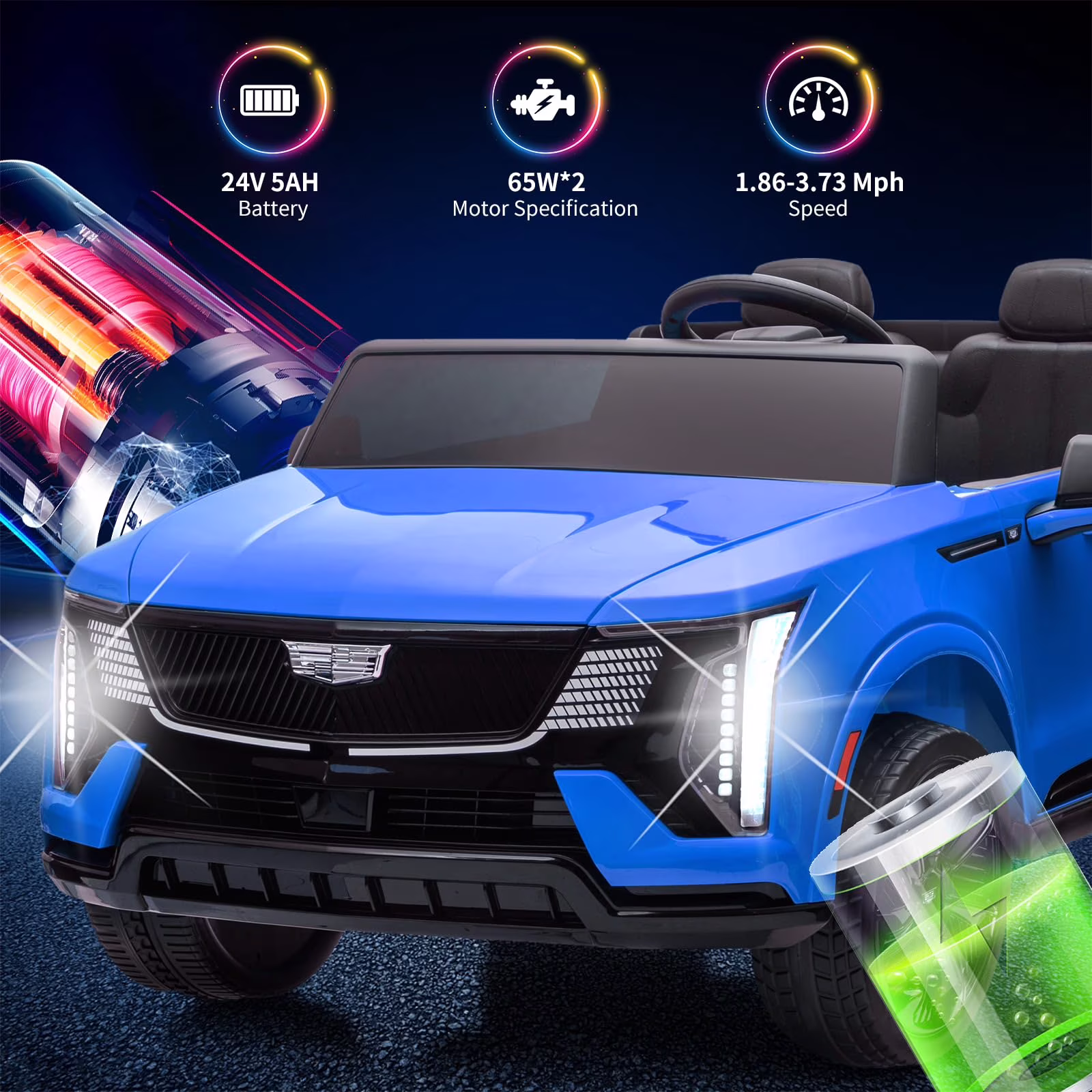 2 Seater Ride on Car for Kids 24V Licensed Cadillac Electric Car Toy Toddlers Battery Powered Ride on Truck with 2.4G Remote Control, Full-Wheel Suspension, Music, LED Lights, Blue - Image 3