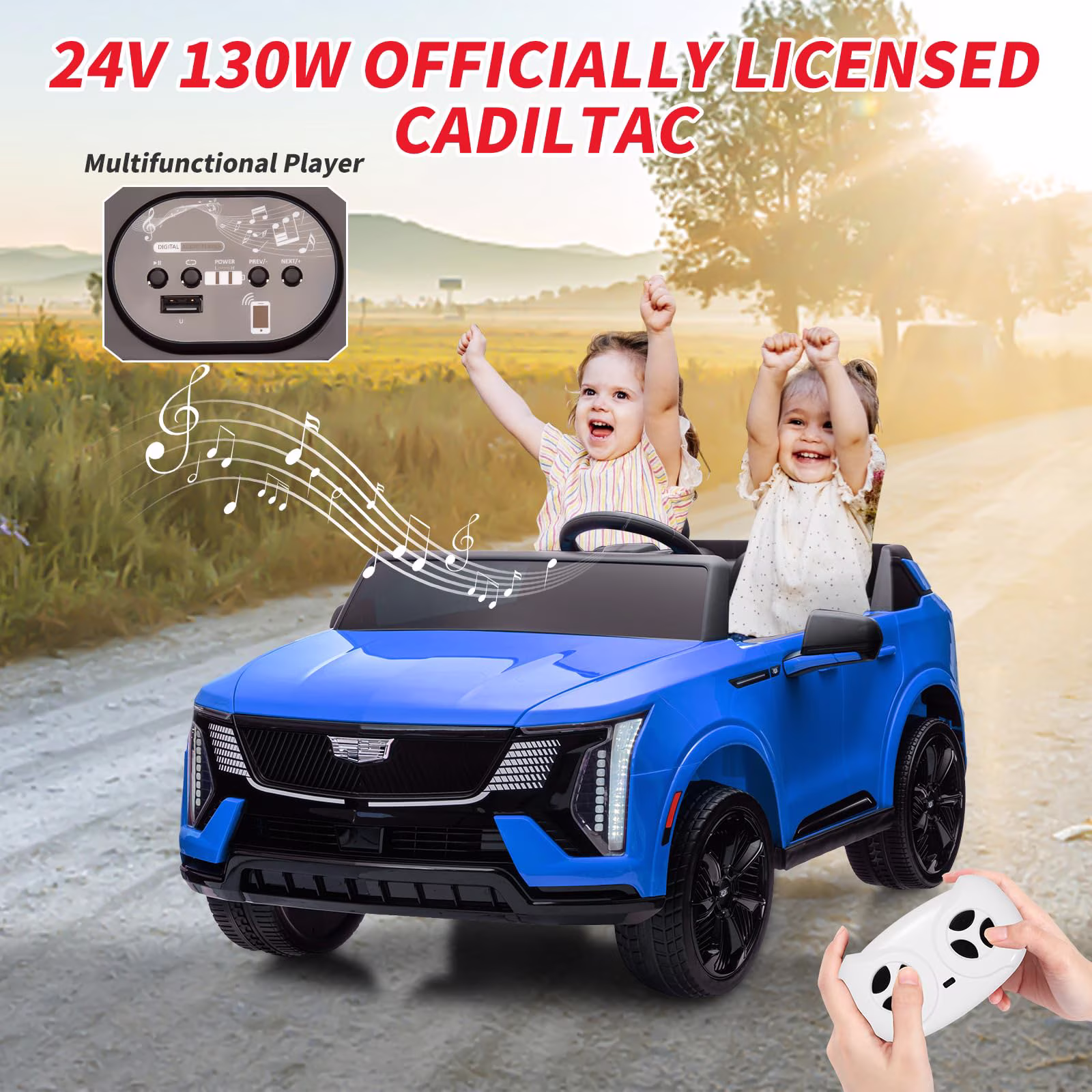 2 Seater Ride on Car for Kids 24V Licensed Cadillac Electric Car Toy Toddlers Battery Powered Ride on Truck with 2.4G Remote Control, Full-Wheel Suspension, Music, LED Lights, Blue - Image 2