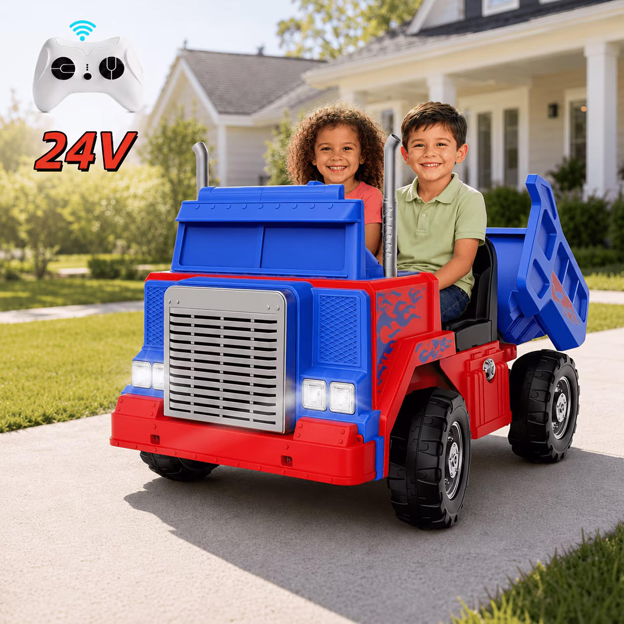 2-Seater Ride On Dump Truck 24V 2/4WD For Kids - 2.4G Remote Control And Kid Manuel, Dump Bed, Light And Music, 2x180w, 3-6mph, With Traffic Cones, Helmet And Shovel, Soft Start, Best Surprise For Ki - Image 2