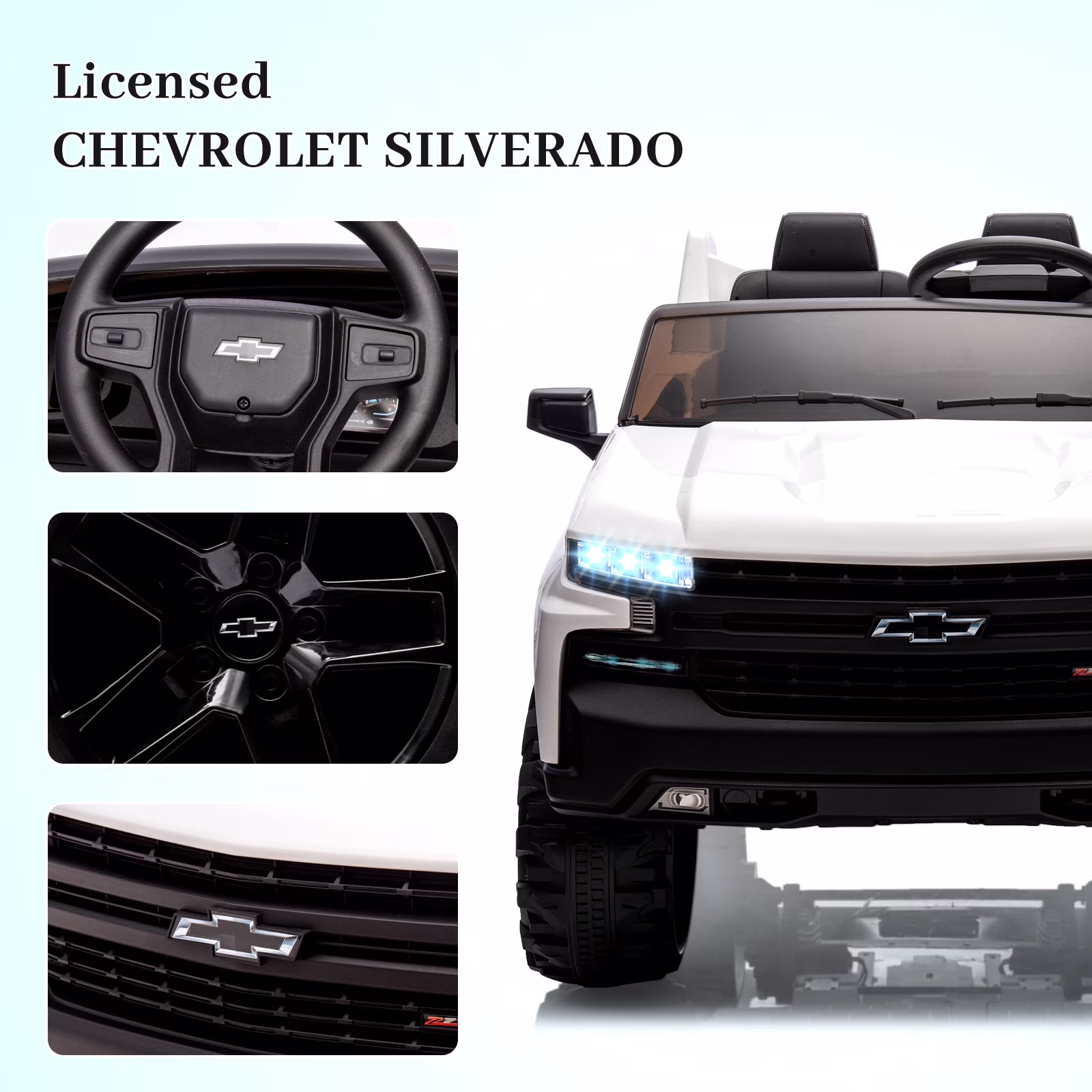 2-Seater Ride on Truck Car ChevroletSilver-adoKids Electric Vehicle 24v Battery Powered with Remote Control, LED Lights, MP3, Bluetooth, 2 Doors Open - Image 3