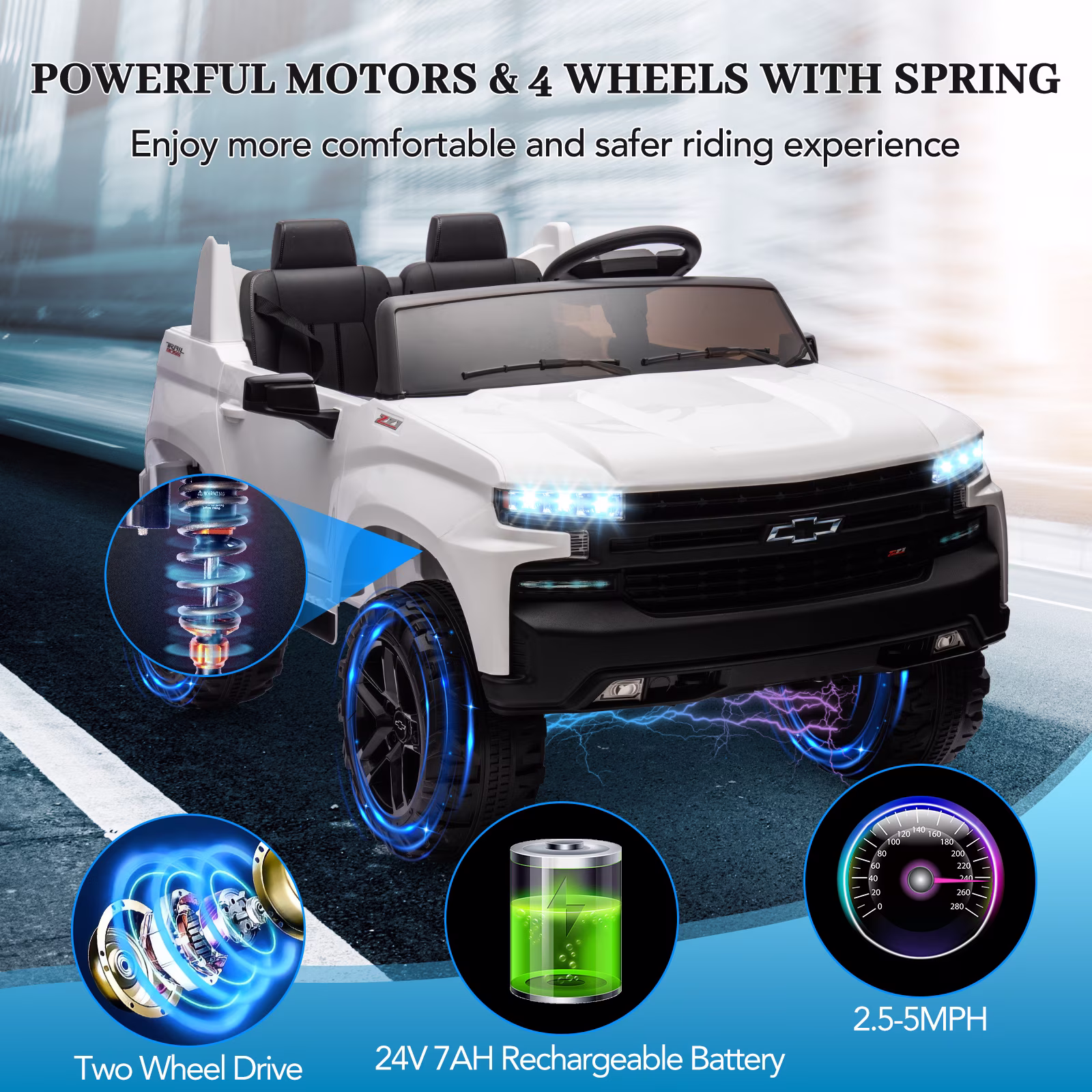 2-Seater Ride on Truck Car ChevroletSilver-adoKids Electric Vehicle 24v Battery Powered with Remote Control, LED Lights, MP3, Bluetooth, 2 Doors Open - Image 4